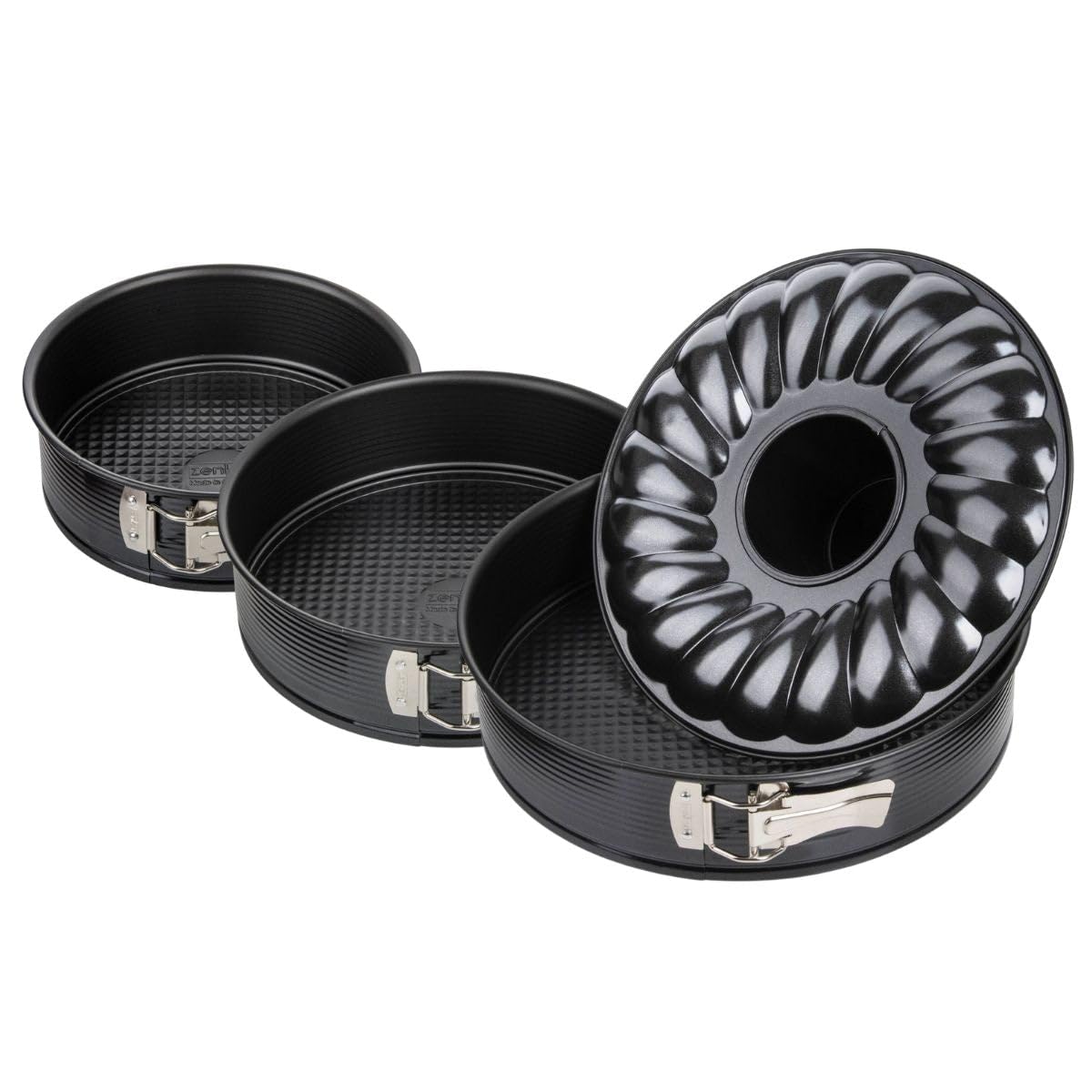 Zenker 9991650 Zestaw 2 foremek do pominięcia + 1 forma do savarin kolekcja Black Metallic, nieodebrana foremka, forma na zawiasach, forma okrągła, forma savarin, stal, czarny, średnica 20 cm + 24 cm