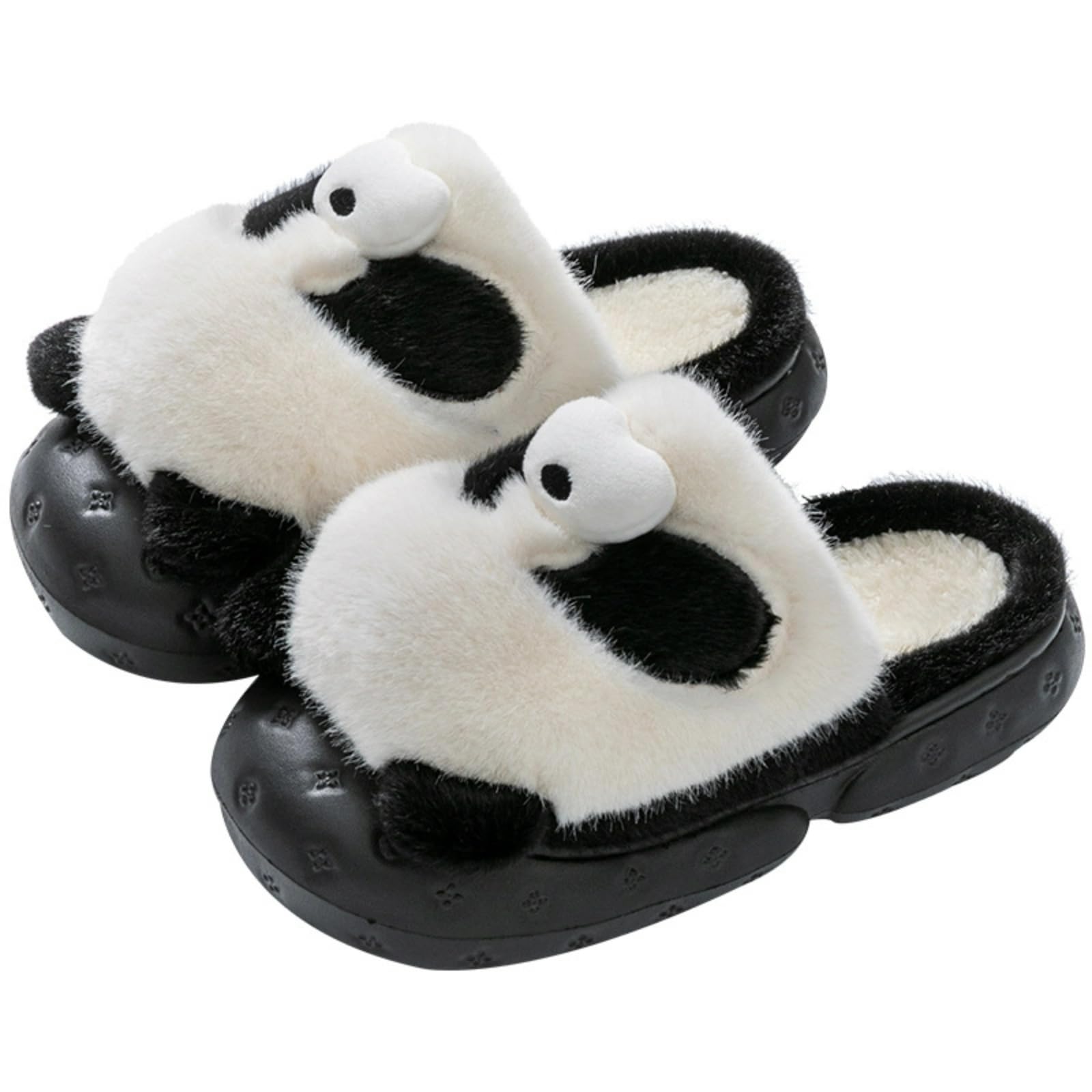 Women Panda Fuzzy Warm Slippers Adorable Black & White Bear Theme Thick Sole Indoor Shoes for Couples Cozy Winter Slipper Booties