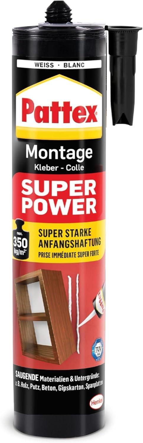 Pattex Montagekleber Super Power, Kartusche, weiß, 6x 370g | Hochfester Baukleber für schwere Objekte – ideal für Innen- & Außenbereich