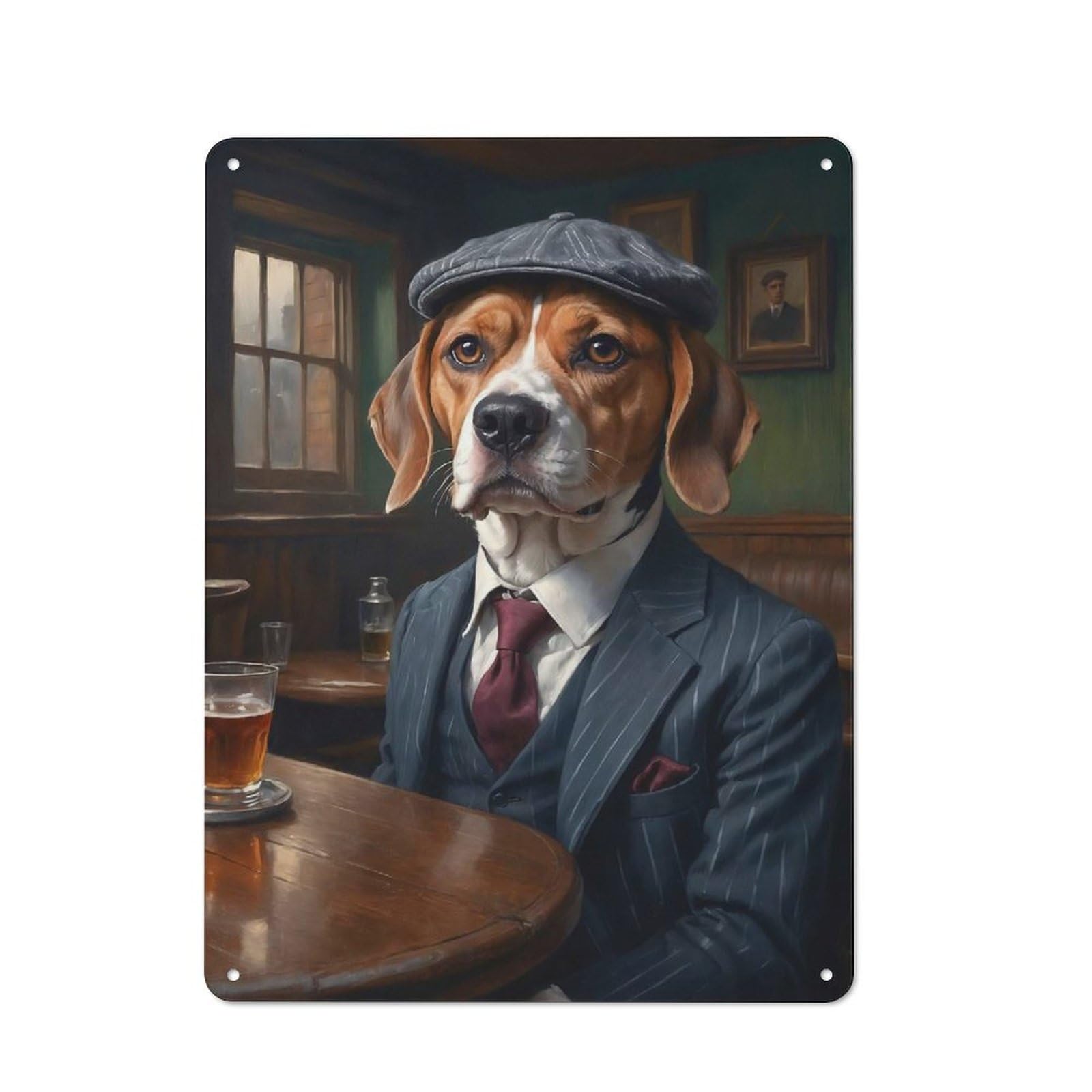 Beagle Dog in A Suit at The Pub Farmhouse Metal Sign 40x30cm, Rustic Cottage Wall Art for Cottage, Kitchen, Hallway Or Breakfast Nook