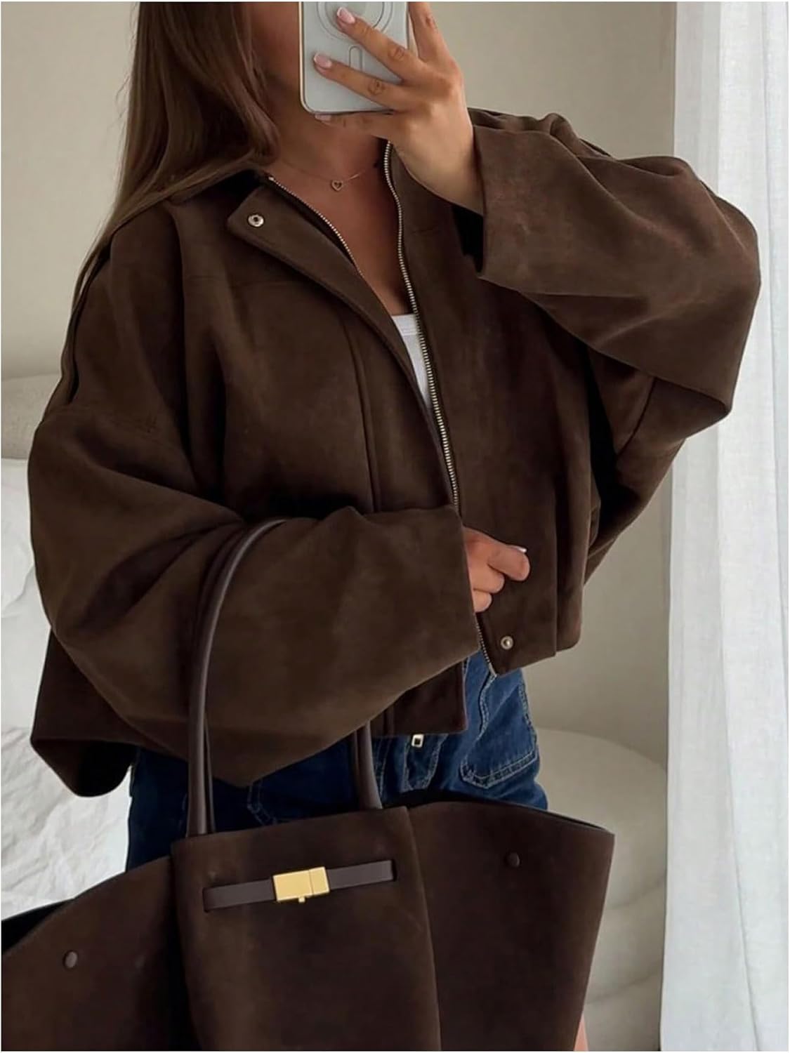 MakeMeChic Women's Long Sleeve Zip Up Jacket Collared Fall Vintage Cropped Coat Outerwear - Image 3