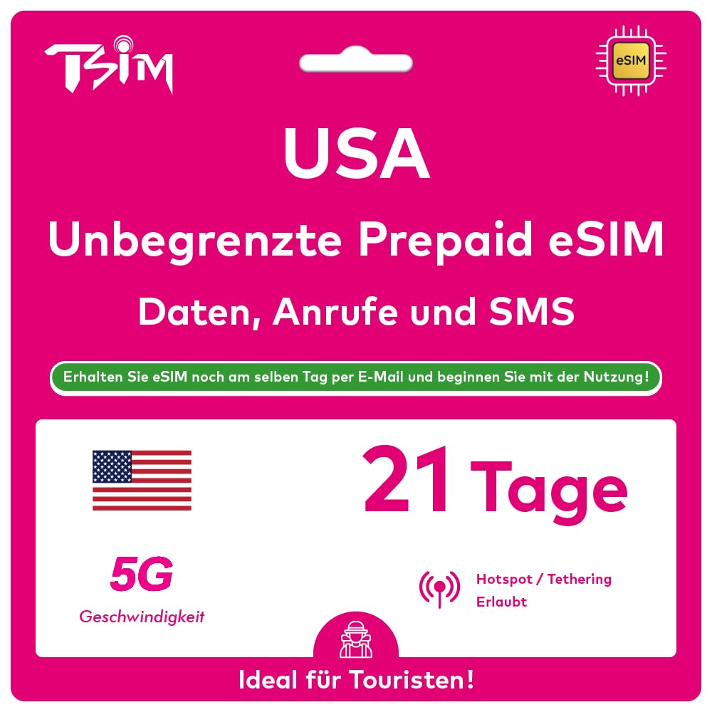 USA eSIM 21 Tage. T-Mobile Netzwerk mit Unbegrenzt Highspeed-Daten, Lokale Anrufe und SMS in den USA (Hawaii Inklusive). Erhalte eSIM Am Selben Tag per E-Mail und Beginne Sofort mit der Nutzung!