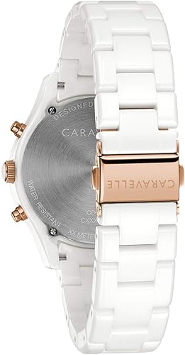 Miniatura 3 de Bulova Reloj de cerámica de dos tonos de cuarzo cronógrafo deportivo para mujer, esfera blanca 45L174, Blanco, Pulsera de cerámica blanca de