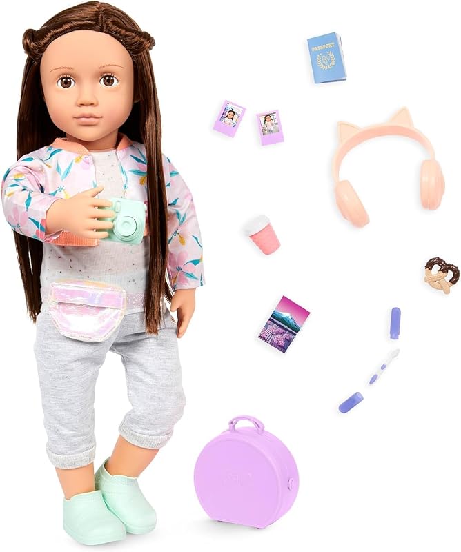 Nuestra muñeca Reese Posable de 18 pulgadas con accesorios de viaje, muñecas | Muñeca Posable de 18 pulgadas con ojos marrones, cabello castaño largo, equipaje y accesorios de viaje para juegos de simulación, Reese, más de 5años
