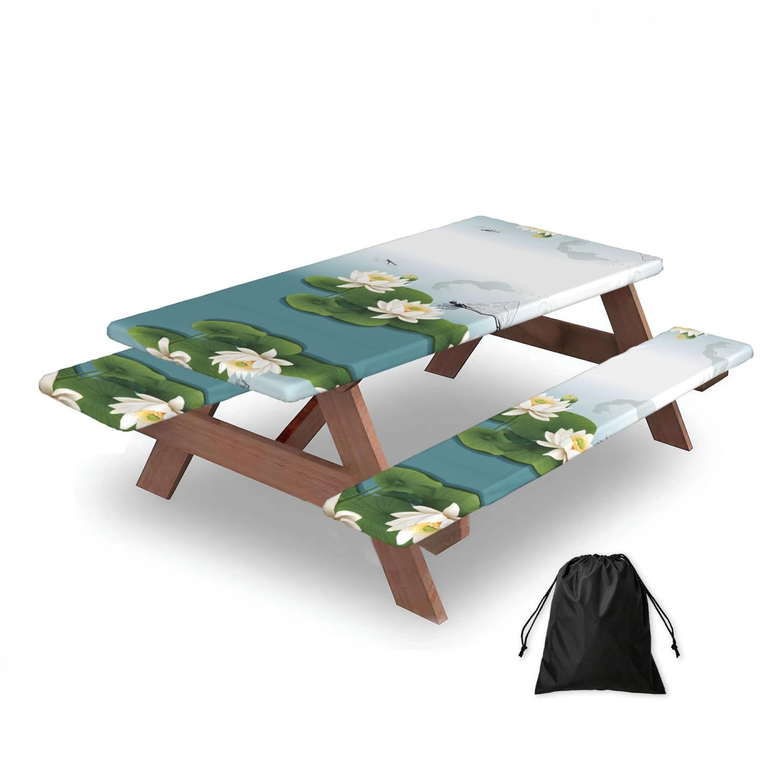 ESNAIUVCD Dragonfly With Water Lily Print Picnic Table Cover With Bench Covers,Camping Essentials,Fitted Tablecloth Cover With Elastic Edge, For Indoor & Outdoor 3 Pcs
