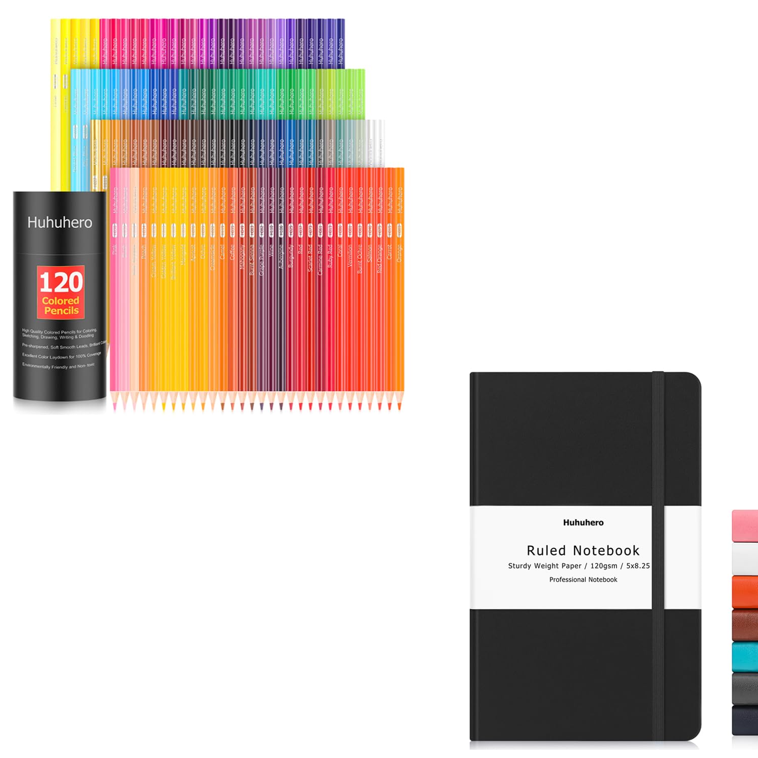 HuhuheroHardcover Lined Leather Joural Notebook for Writing Journaling | 120 Count Colored Pencils for Adult Coloring Book, Office Art Supplies