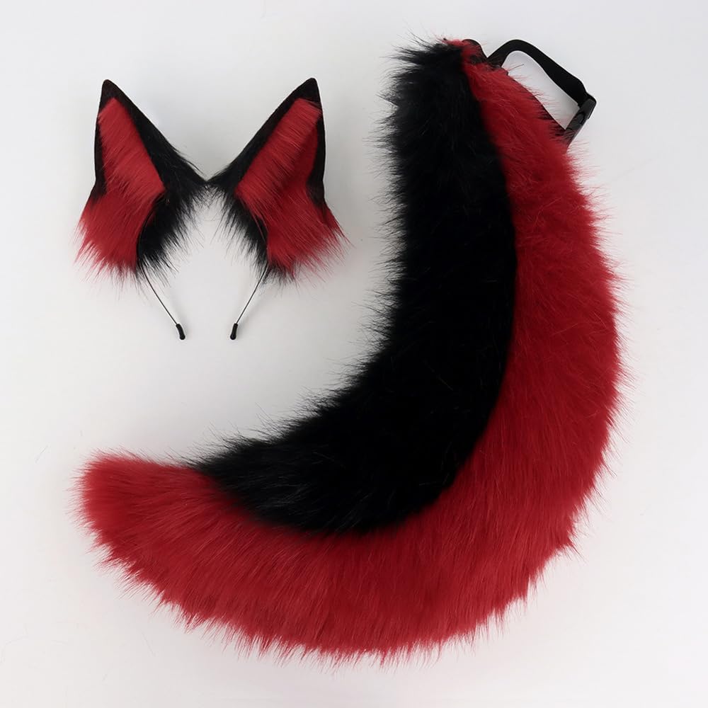 Furry Fox Wolf Ears and Tail Set Animals Ears Hairhoop Plush Fursuit Tail for Halloween Cosplay Party Props