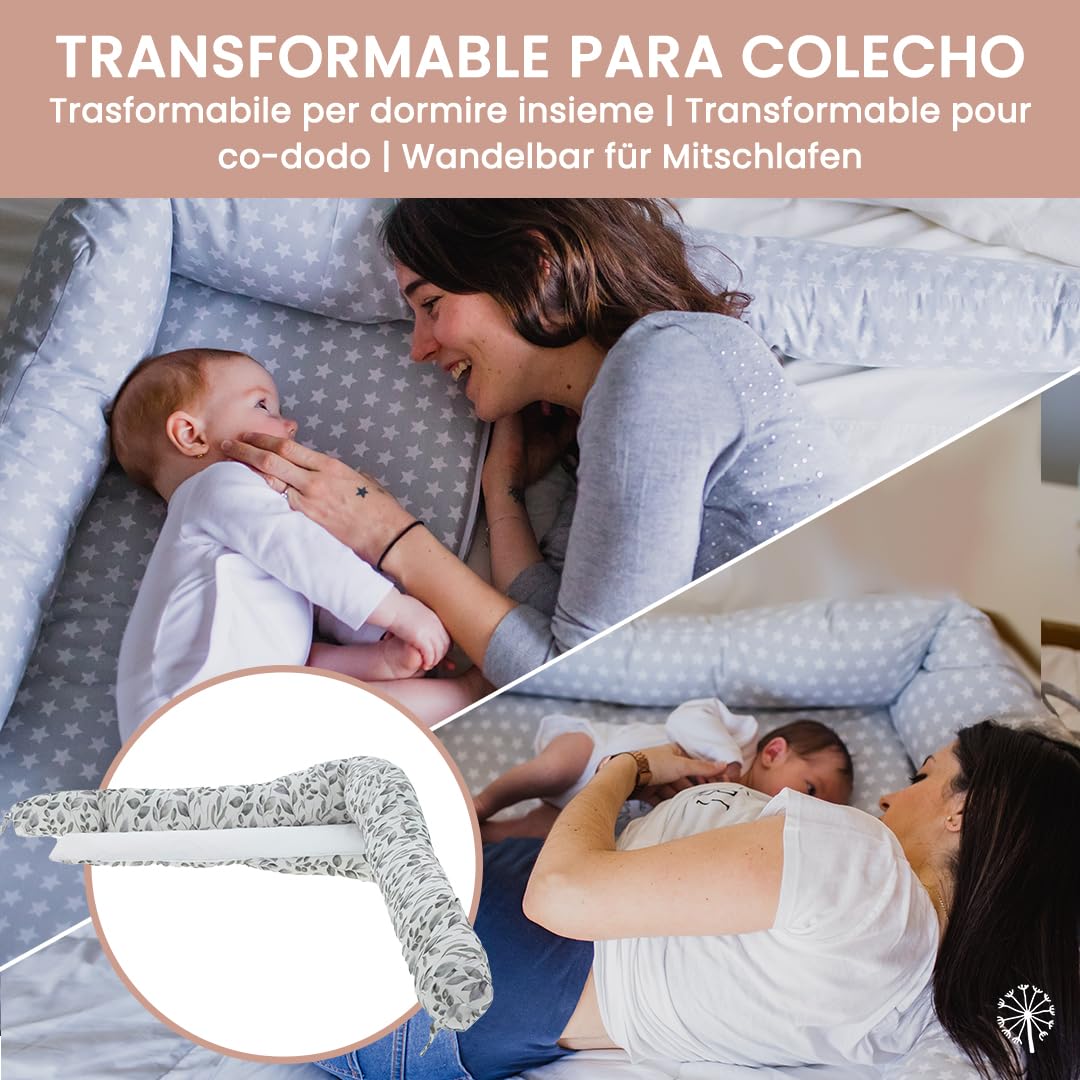 MIMUSELINA | Cuco Nest Reductor de Cuna Bebe - Cama Nido Bebe Recien Nacido Desenfundable y Impermeable - Cuna Nido Portátil Colecho, Chichonera, Cojín de Lactancia, 85x52 cm (Diente León Menta)