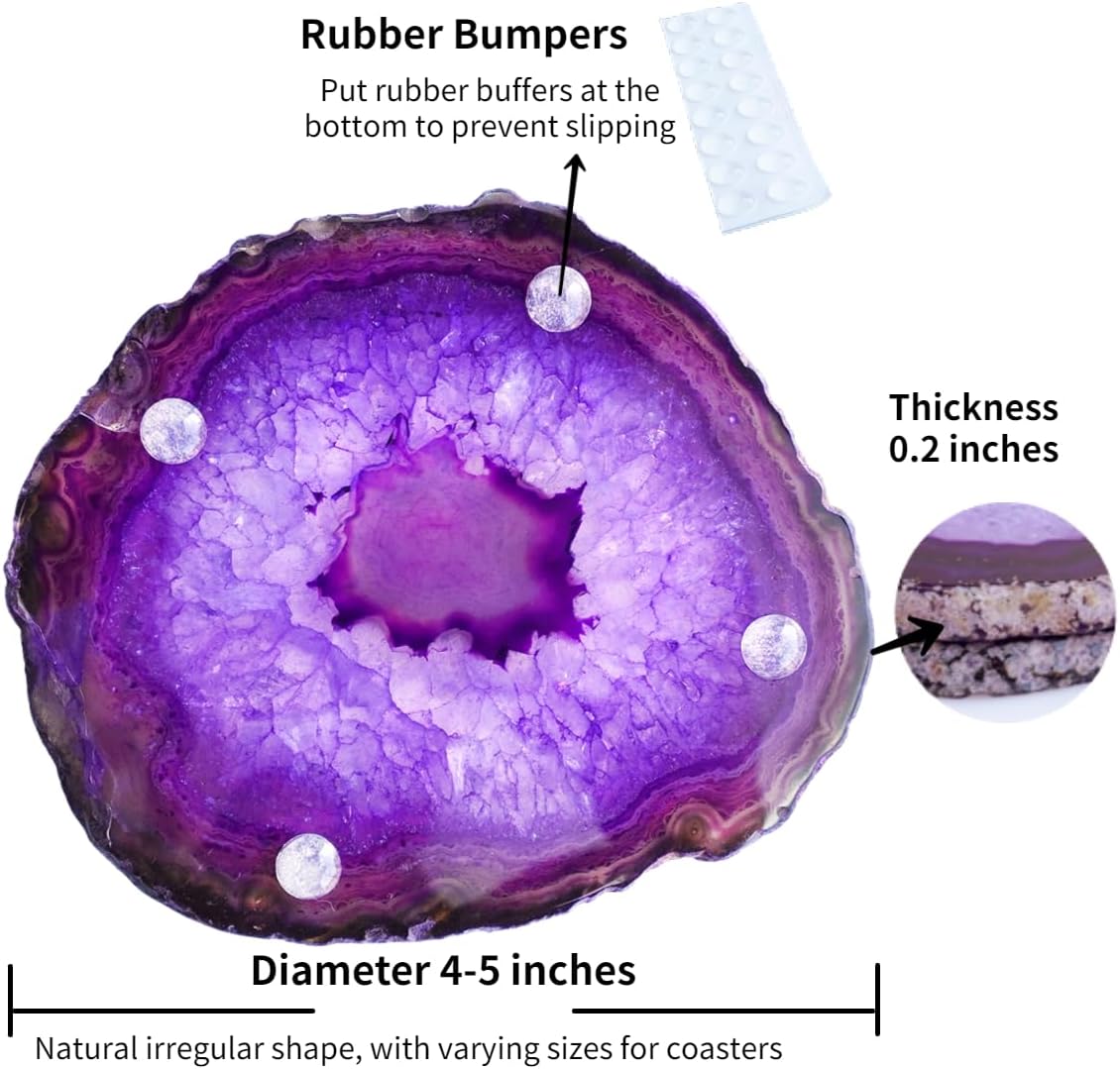 Purple Agate Slices Large Crystal Geode Coasters Set of 4 with Rubber Bumpers - Unique 4-5 Inch Dyed Stone Drink Cup Coasters for Home Decor, Coffee Table, Bar Accessories - Image 3
