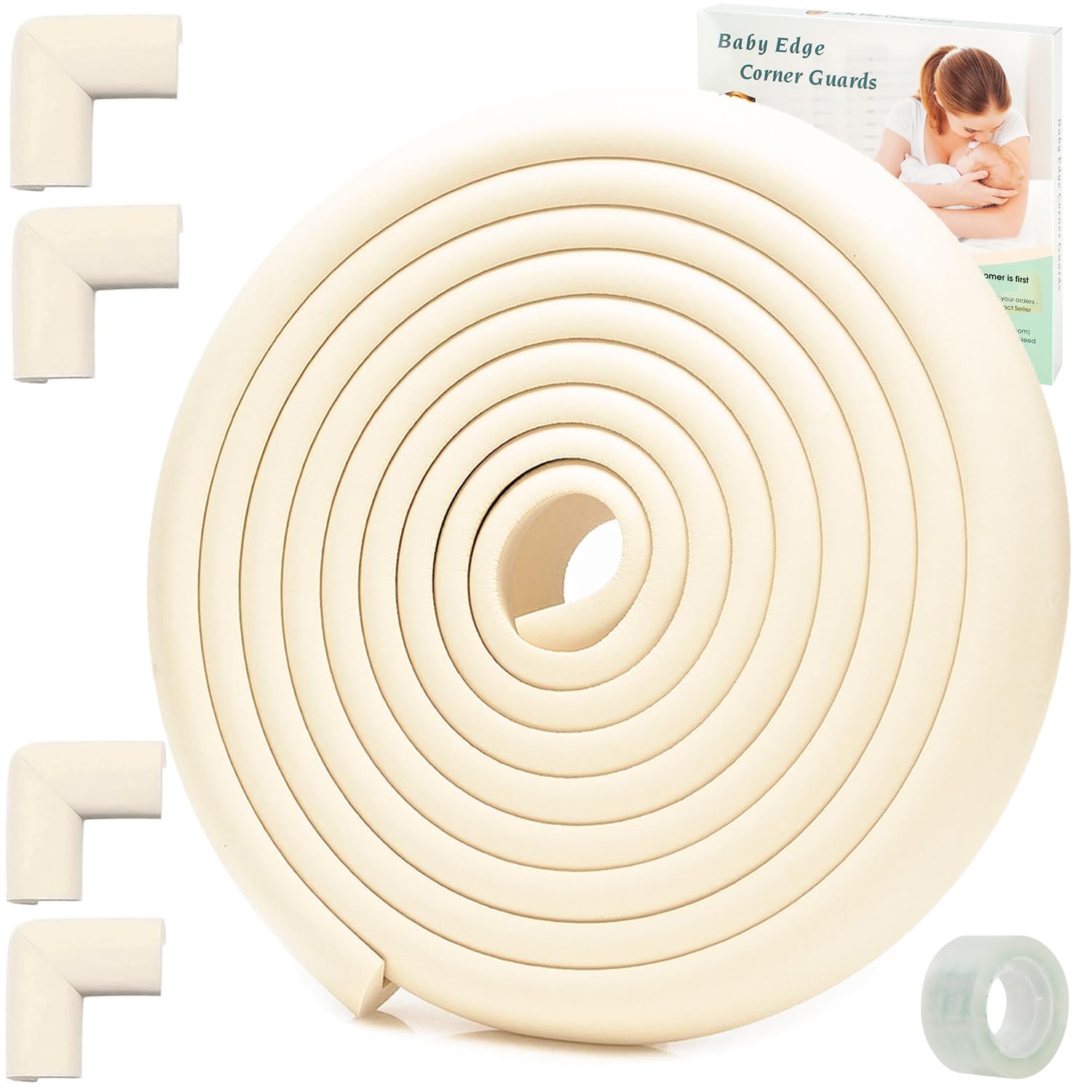 Safety Baby Edge Corner Guards Protector Set, 2.3M/7.5ft Edges Protector + 4 Corner Guards for Kids Foam, Furniture and Tables Child Baby Proof Bumpers, Pre-Taped for Direct Use