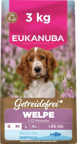 Eukanuba Welpenfutter getreidefrei mit Fisch für kleine und mittelgroße Rassen, Premium Trockenfutter ohne Getreide für Junior Hunde, 3 kg