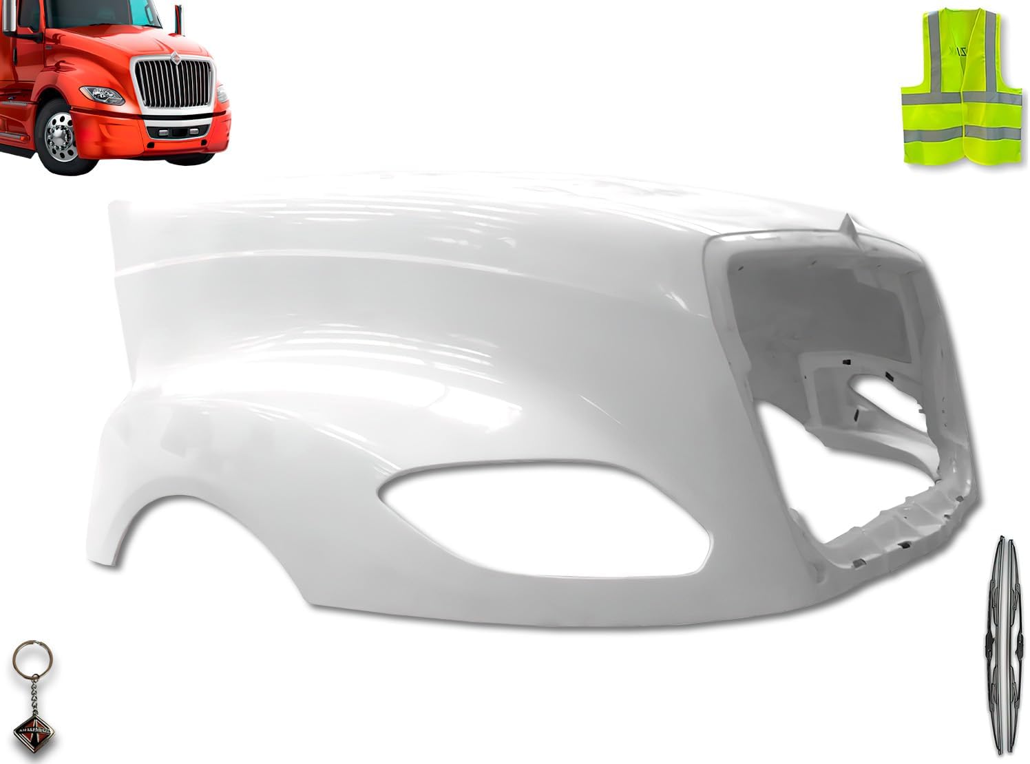 KOZAK Fiberglass Replacement Hood Compatible with International LT LT625 2018+ Includes Logo, 2X 22 Windshield Wipers, Keychain and Reflective Vest
