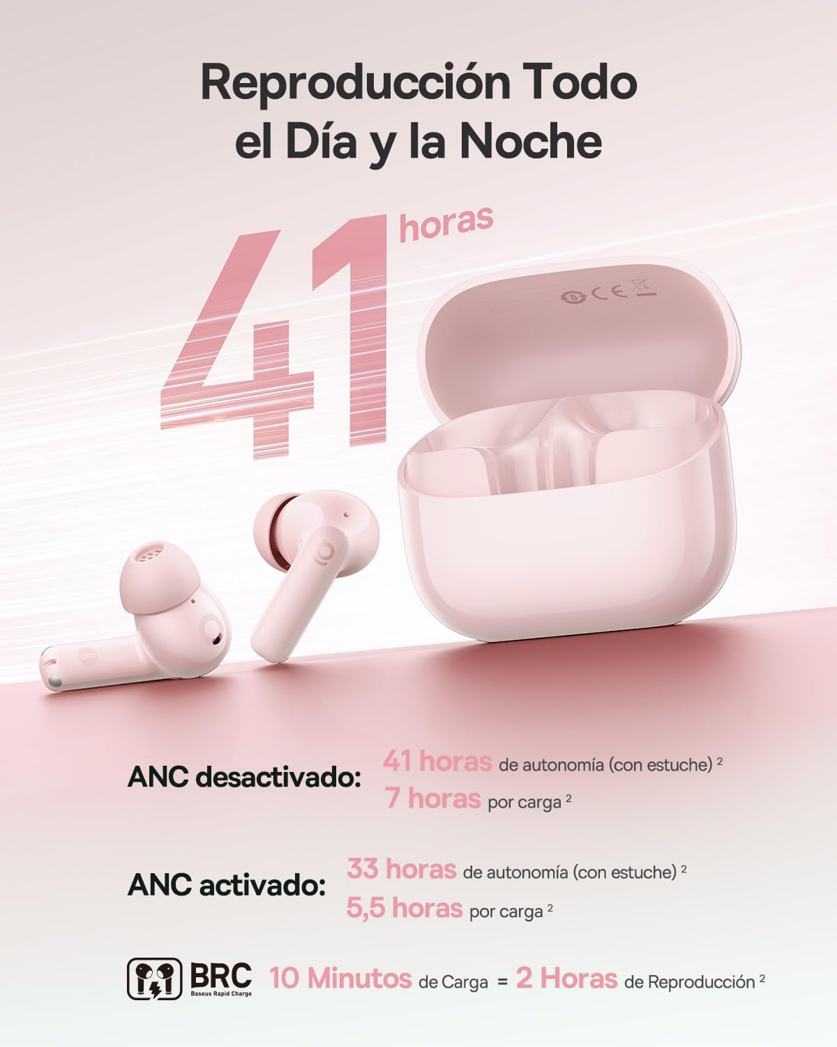 Baseus EP10 NC Auriculares in-Ear con cancelación de Ruido | -43 dB ANC, cancelación de ruido adaptativa, auriculares con 4 micrófonos KI llamada clara, IP55, 41H tiempo de reproducción 6