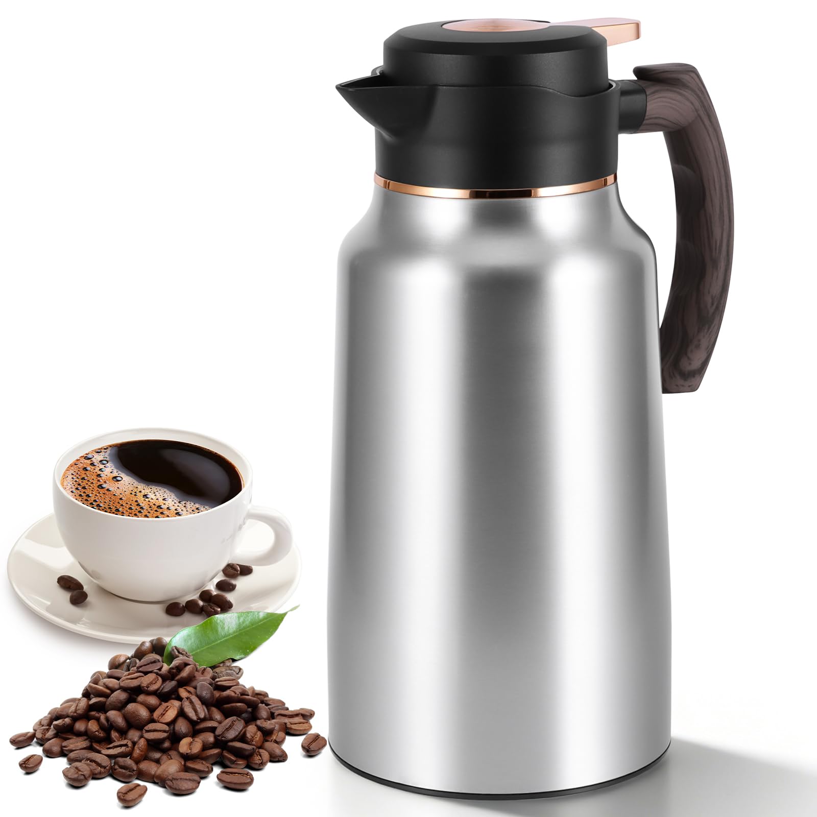 2L Thermal Coffee Jug, Stainless Steel Double Wall Vacuum Flask, Press Button Top Long-Lasting Heat & Cold Retention, Thermo Flask with Precise Flow Control Spout for Coffee, Tea, Milk Home Office — image 1