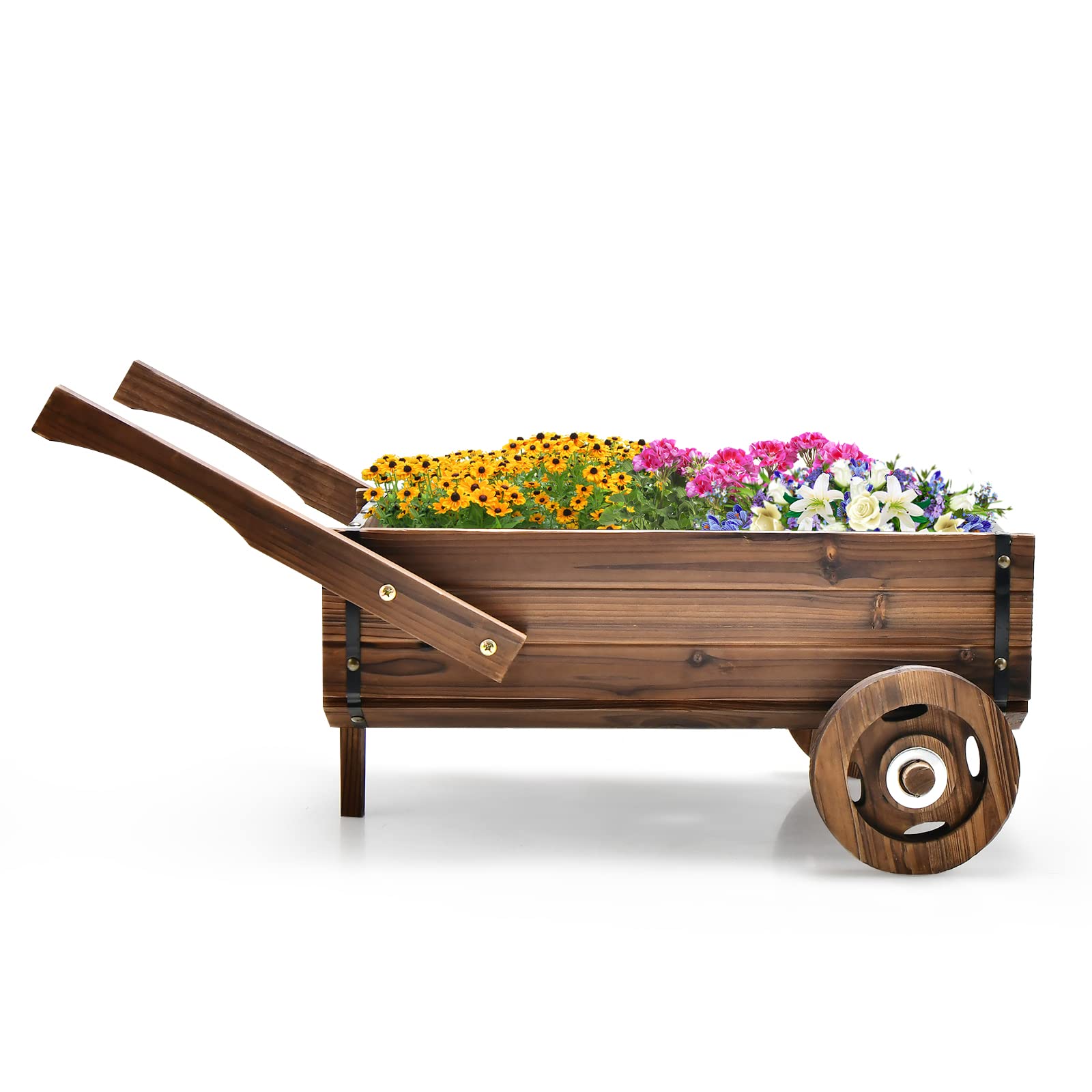 COSTWAY Drewniany wózek na kwiaty, wózek na rośliny z kółkami i uchwytami, wózek na kwiaty z otworem odpływowym, doniczka na rośliny, taczka, dekoracja ogrodowa, rustykalna wózek na rośliny do ogrodu
