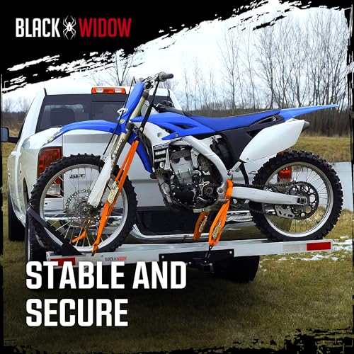 Image of Black Widow Motorcycle Hitch Carrier with Wheel Chock & Ramp, 400 lb Capacity Anti-Rattle - Lightweight Aluminum Dirt Bike Transport Platform with Secure Mounting - Fits 2 inch Receiver