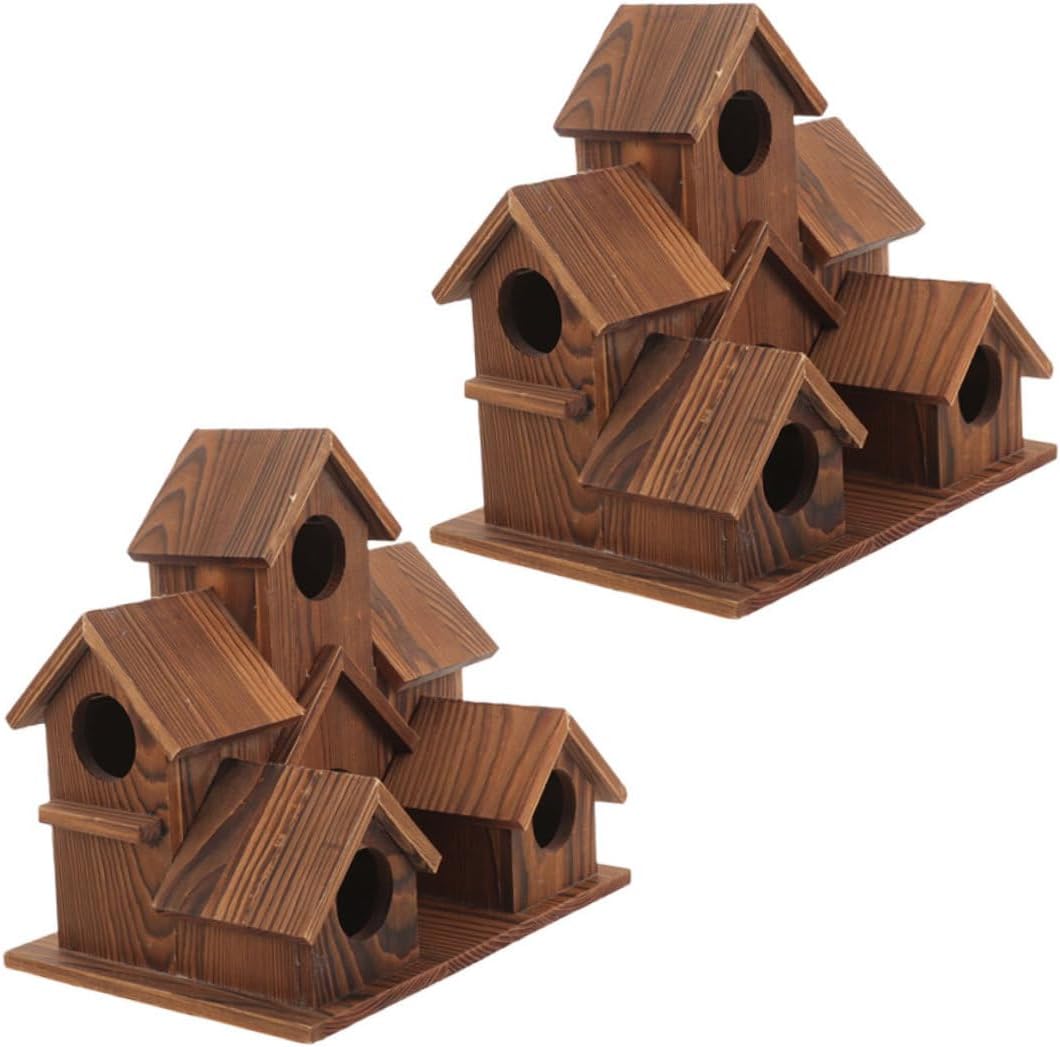 Rustic Wooden Birdhouse Nesting Box 2pcs Hanging Outdoor Bird Houses for Garden Patio Backyard Wild Bird Shelter