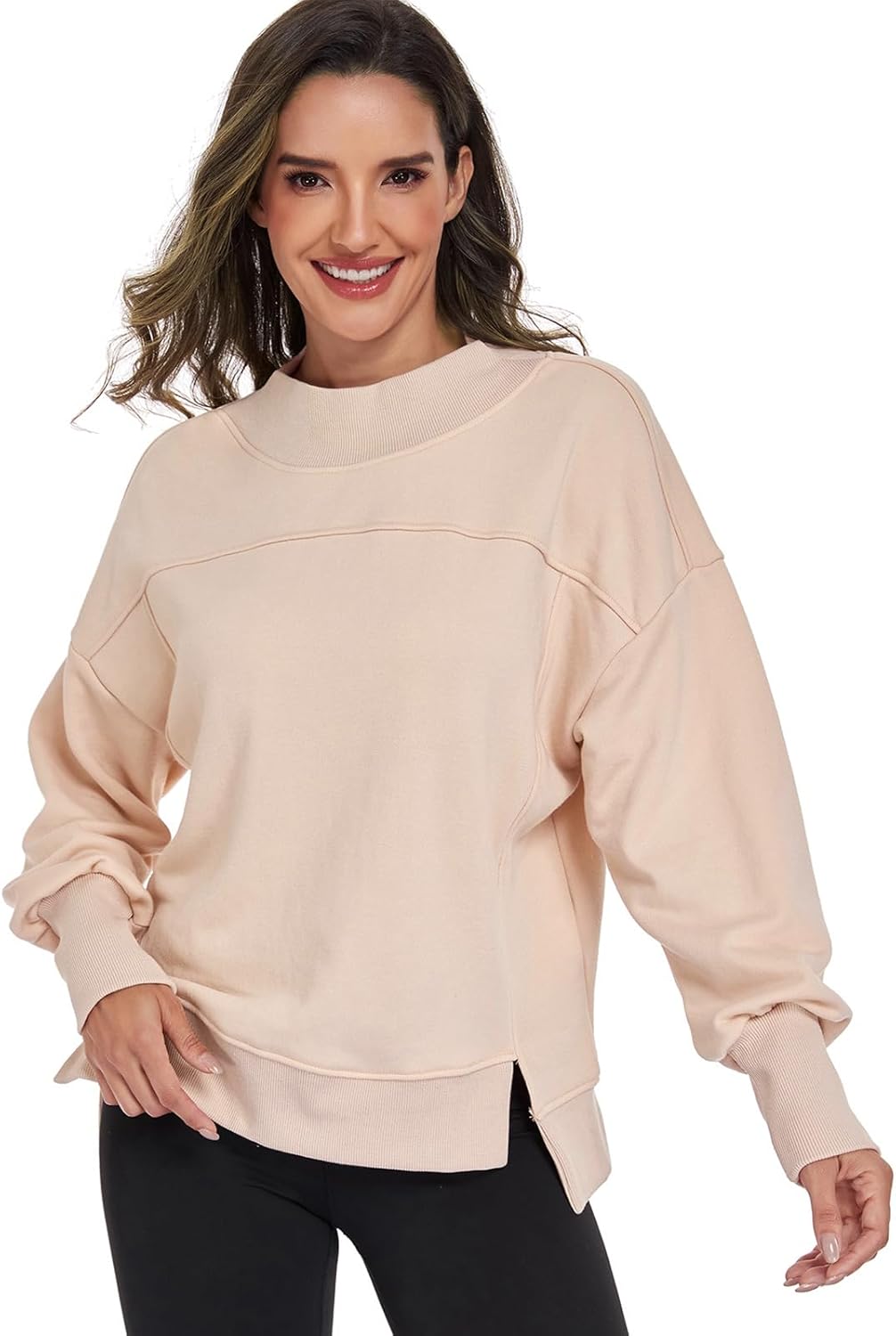 HOUZONIY Womens Long Sleeve Sweatshirt Crewneck Side Slit Soft Lightweight Workout Casual Fall Fashion Basic Pullover Tops - Image 4