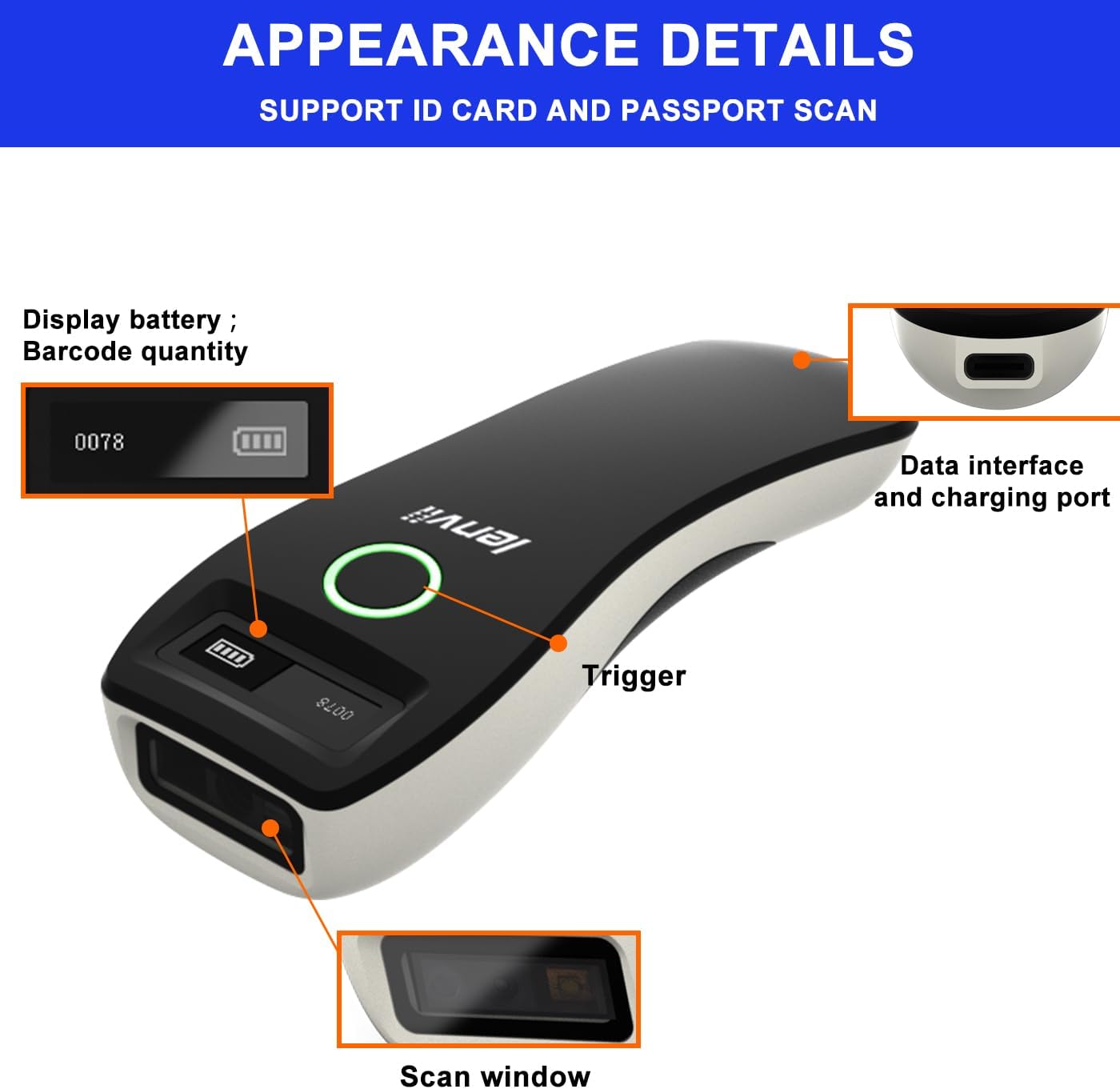 LENVII R800 Barcode Scanner appearance details
