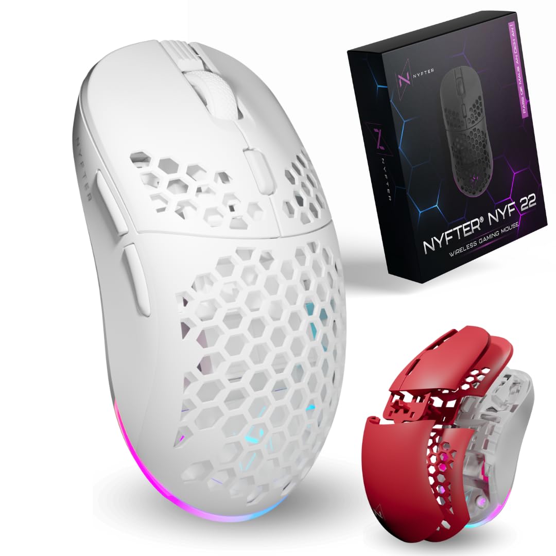 Nyfter - NYF22 Wireless Gaming Mouse con ratón de panal de abeja blanco y rojo, ultraligero, 75 g, potente con 400 mA 19 K DPI, 400 IPS 1000 Hz 50 h duración de la batería duradera Dos fundas
