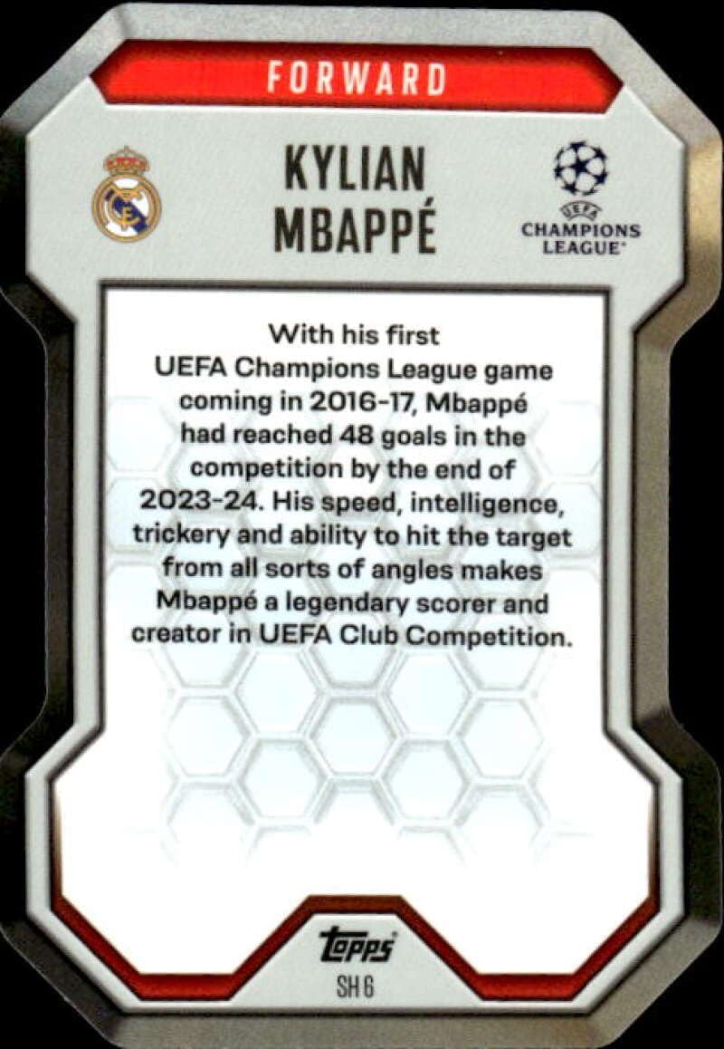 2024-25 Topps Match Attax UEFA Club Competitions Chrome Pro Elite Shield SH6 Kylian Mbappe Real Madrid CF Official Soccer Trading Game Card (Stock Photo Shown, Near Mint or Better Conditiion)