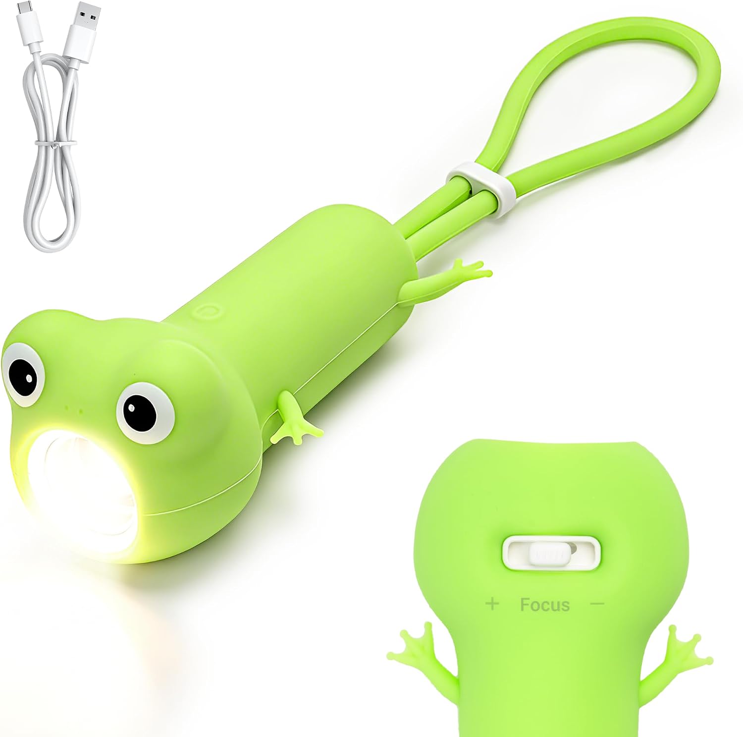 UNEEDE Kids Flashlight Rechargeable, Silicone LED Camping Light for Toddlers Boys Girls, Stepless Dimming & Adjustable Focus, Glow in The Dark Night Light, Outdoor Adventure Birthday Gift (Frog)