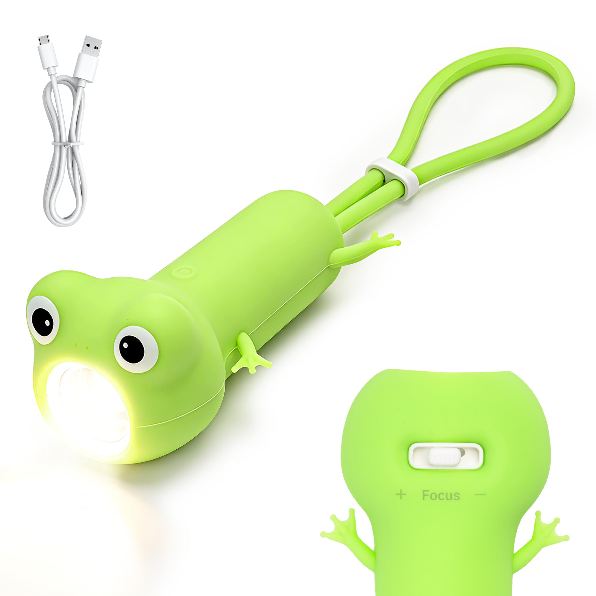 UNEEDE Kids Flashlight Rechargeable, Silicone LED Camping Light for Toddlers Boys Girls, Stepless Dimming & Adjustable Focus, Glow in The Dark Night Light, Outdoor Adventure Birthday Gift (Frog)