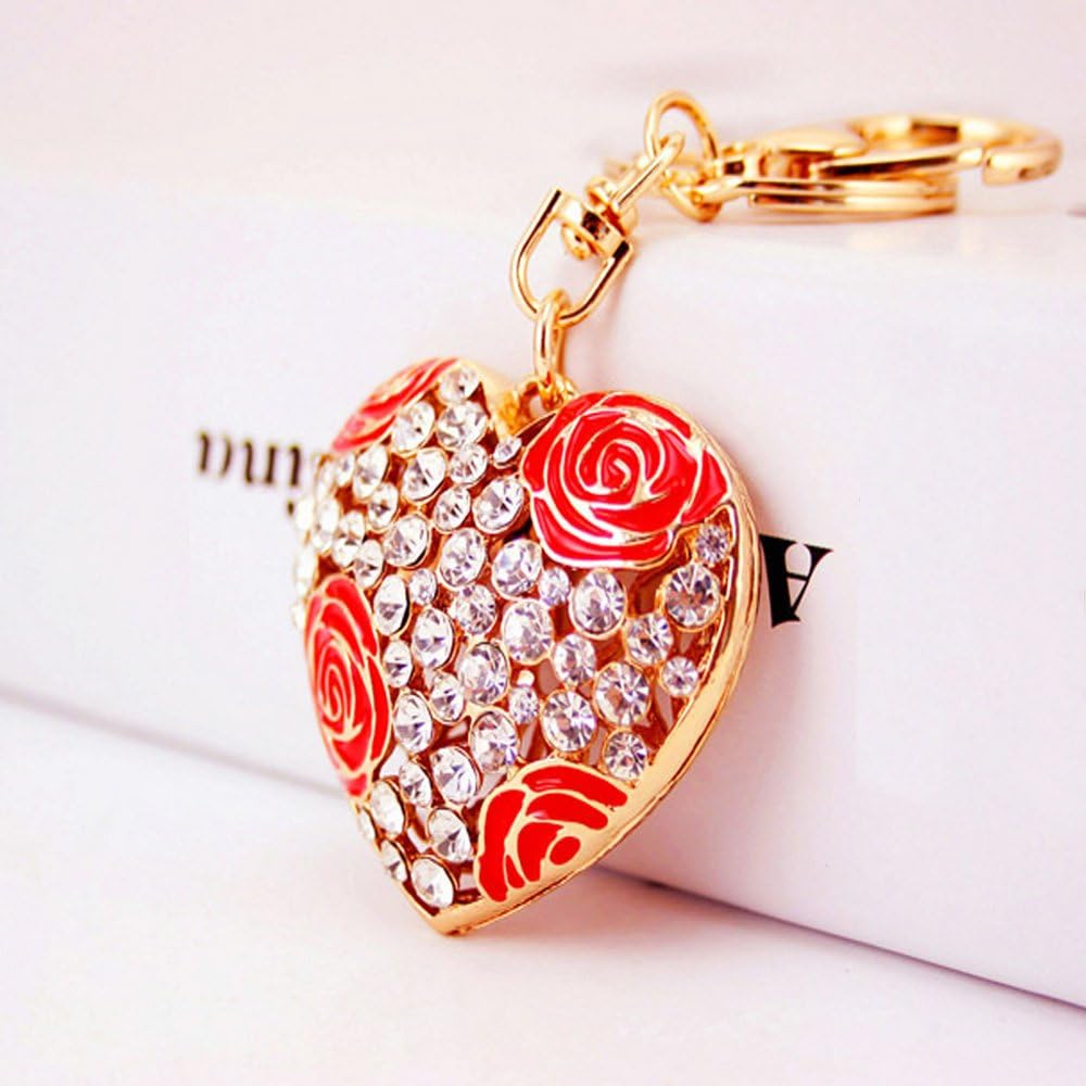 BOGOFOU Sweet Love Heart Rose Flower Crystal Charm Pendant Purse Bag Key Ring Chain Gift (Red)