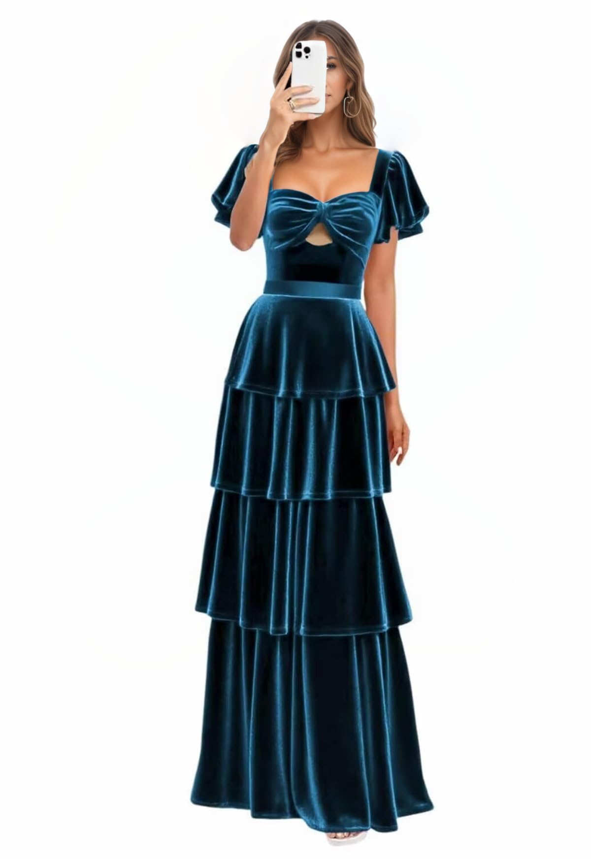 Square Neck Prom Dress with Short Sleeve Velvet Ruffle Tiered Bridesmaid Dresses A Line Formal Party Gown