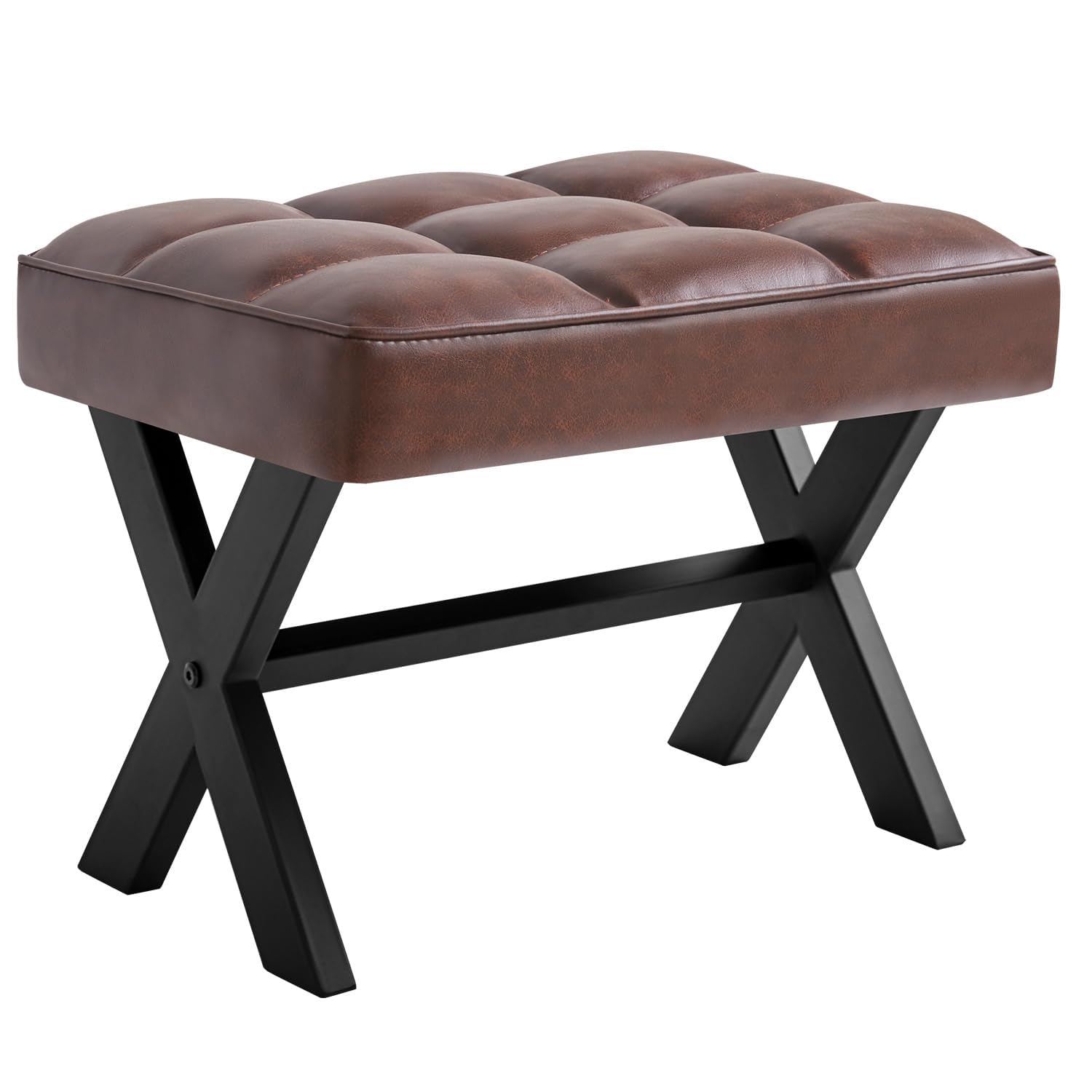 Small 12" H Modern Padded Vanity Seat Foot Rest Sitting Stool with Metal X-Leg,Square Faux Leather Makeup Room Ottoman Compact Chair for Living Room, Bedroom, Entryway, Office,Drk Brown-image-45