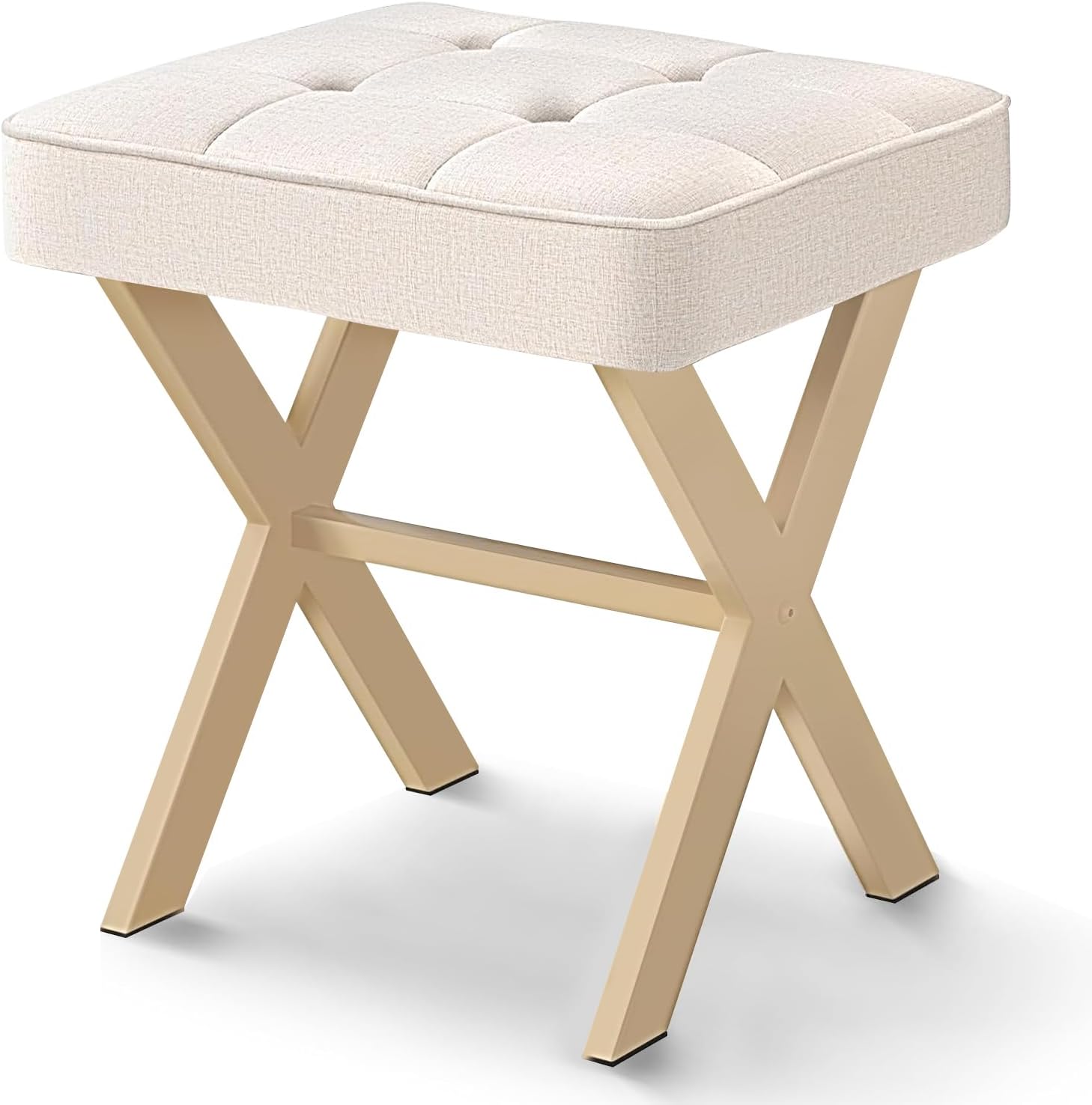 Ottoman Foot Stool,Upholstered Cushion Vanity Stool with Matte Sand Metal X-Leg,Small Make up Stool for Vanity,18 Inch Leather Foot Stool, Square Makeup Stool for Bedroom,Living Room, Flaxen