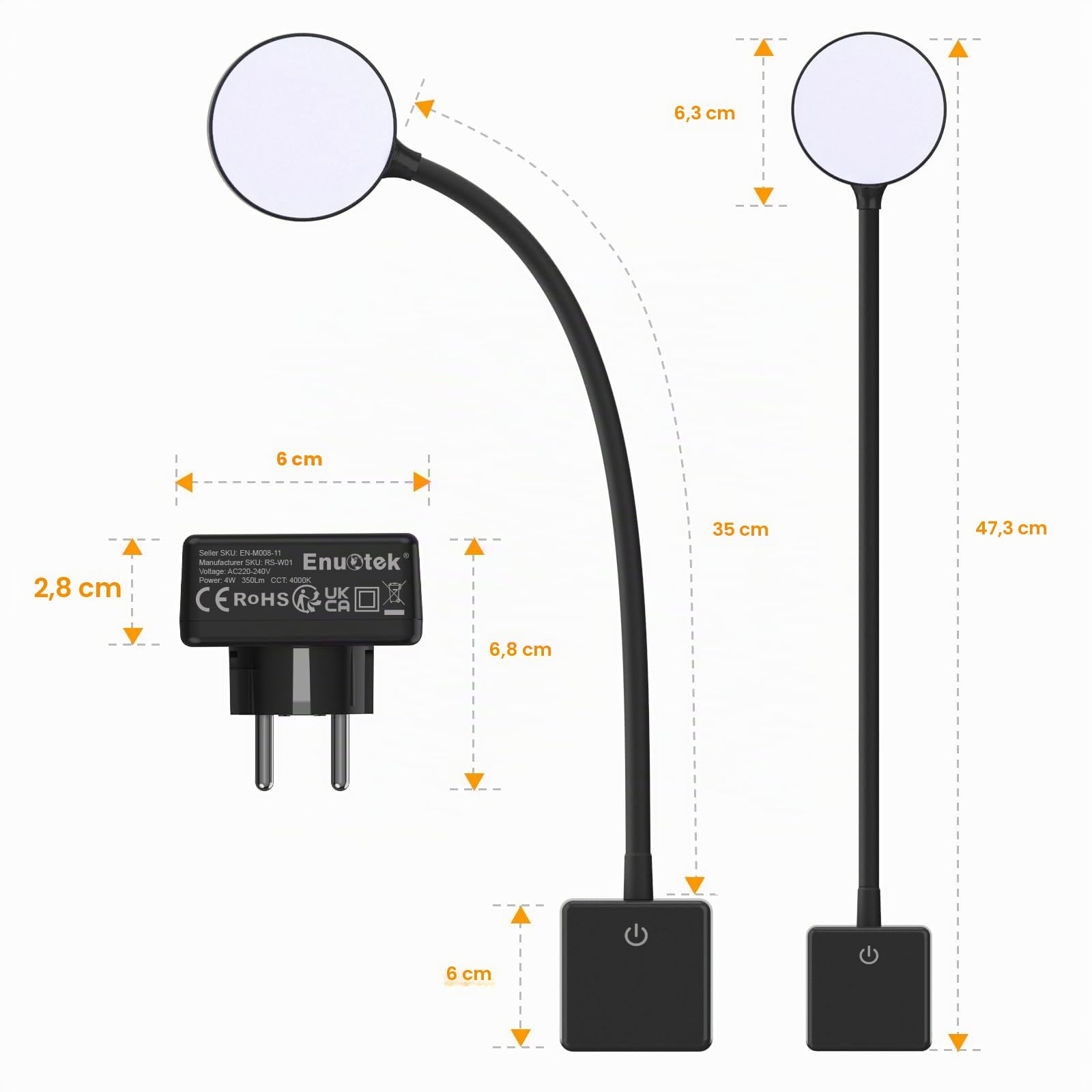 ENUOTEK Lamparas de Lectura Nocturna LED Regulable Tactil con Enchufe Aplique Pared Incorporado 4W 350Lm Luz Neutra 4000K Sin Función de Control Remoto Lot de 2