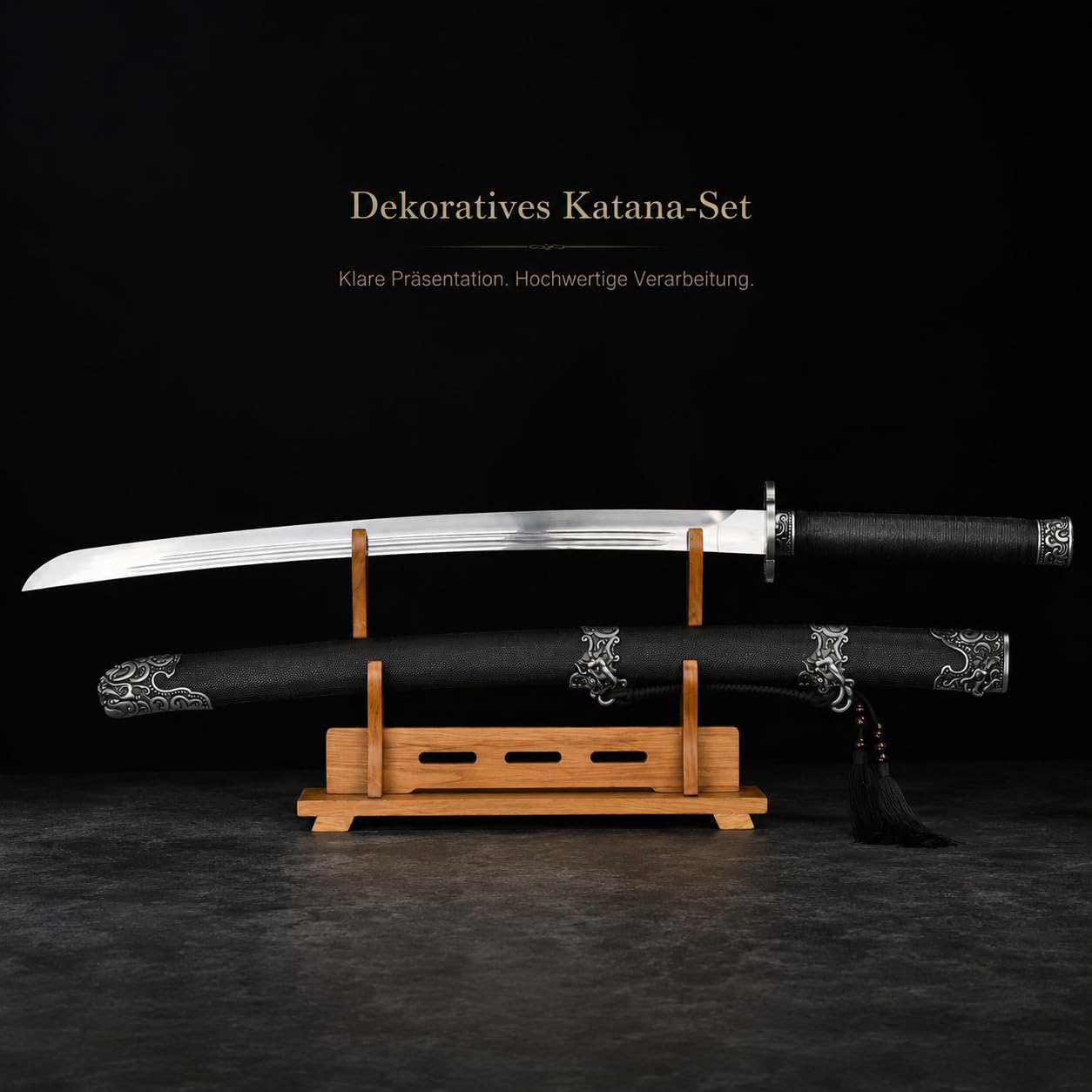 Katana Samuraischwert 104cm Nicht geschärft – Deko Schwert aus Edelstahl mit schwarzer Holzscheide, Japanisches Dekoschwert für Sammler, Cosplay, Anime Deko & Geschenk