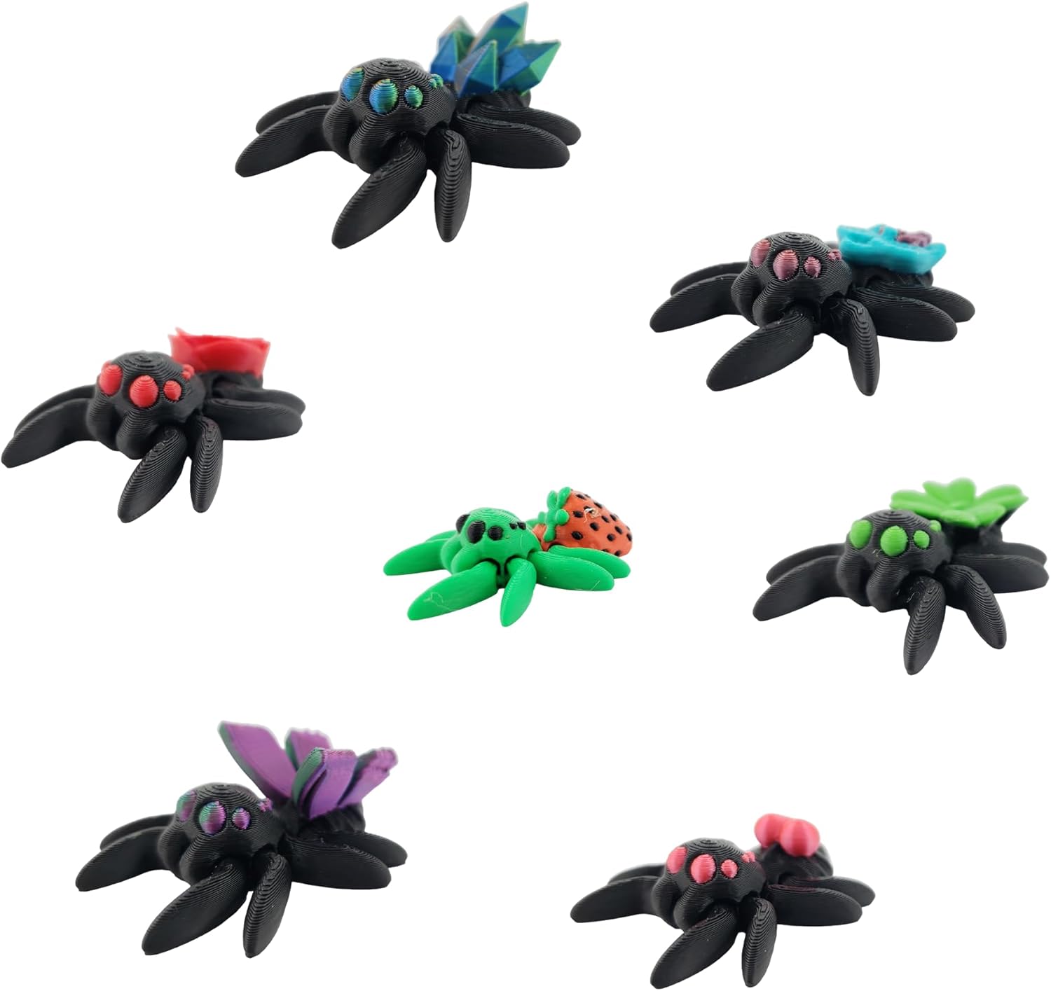 3D Printed Spider Pack - Set of 10 Unique Spiders - Clover, Rose, Orchid, Heart, Crystal, Fairy, Strawberry, Donut, Mushroom and Water Lily Designs - Collectible Fidget Toys