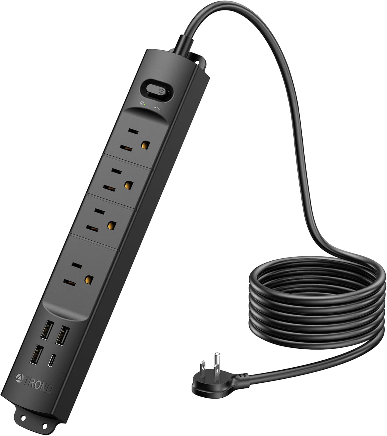 TROND Surge Protector Power Strip with USB, Ultra Thin Flat Plug 6ft Long Extension Cord 1625W, 3 USB A & 1 Type C, 4 AC Outlets 1440J Surge Protection Wall Mount for Home Office Dorm Room, Black