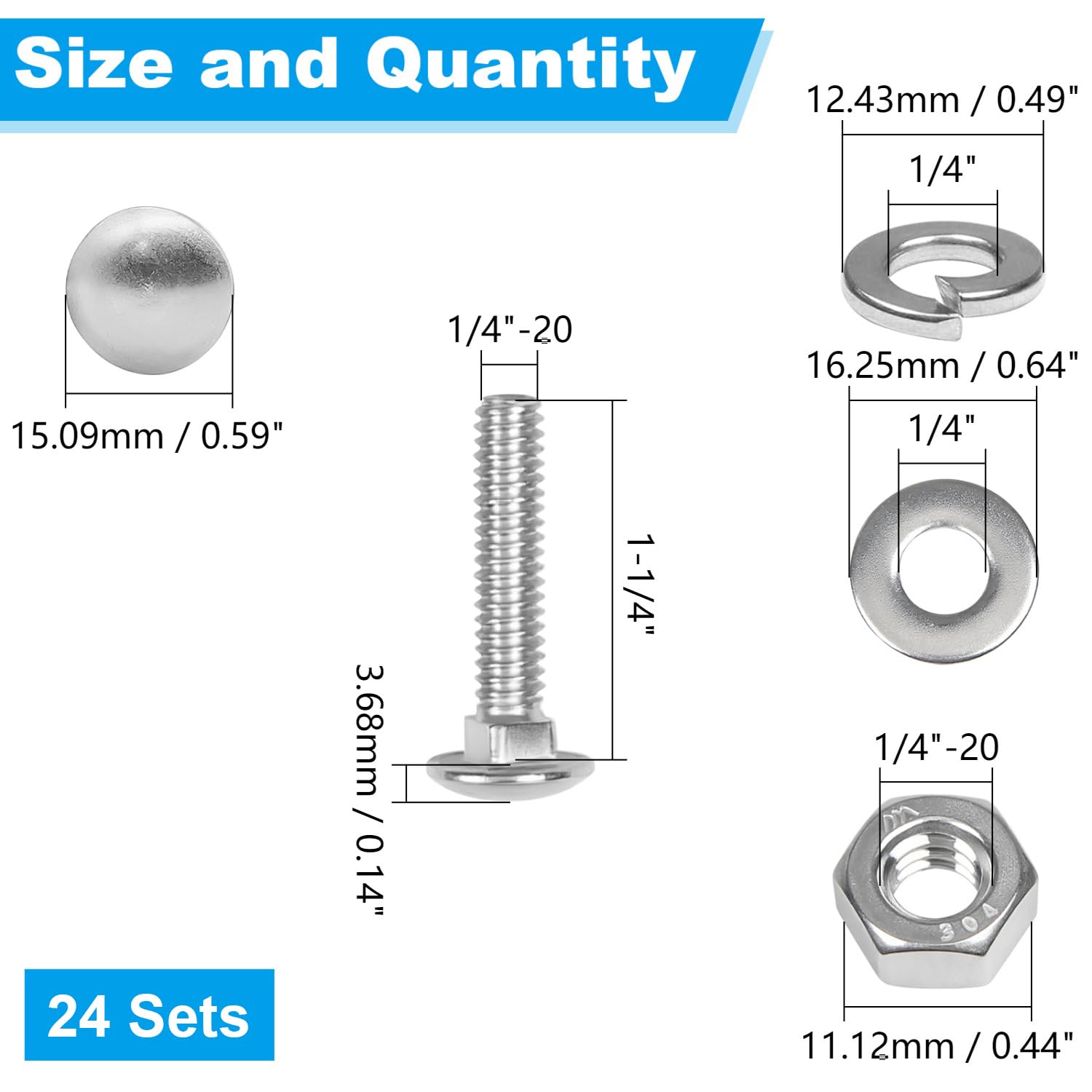 24 Sets 1/4-20 x 1-1/4" Carriage Bolts Screws, 304 Stainless Steel Round Head Square Neck Carriage Bolts and Nuts Kit, with Flat & Lock Washers, Full Thread Coverage