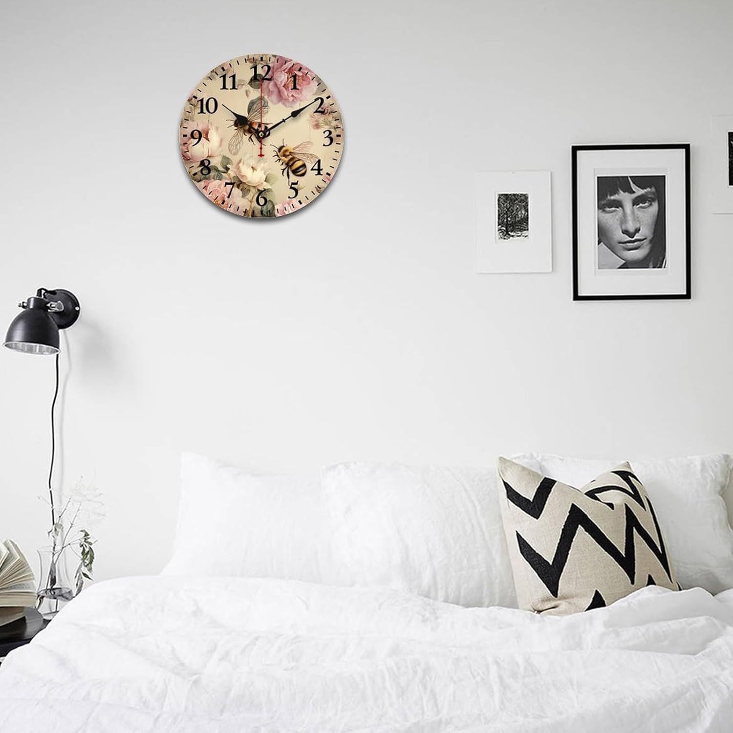 Rustic Vintage Honey Bees & Floral Roses Wall Clock Retro Flower Peony Rose Rustic Wood Wall Clock Quality Quartz Non Ticking for Kids Room and Kitchen Arabic Numeral 16 Inch Round