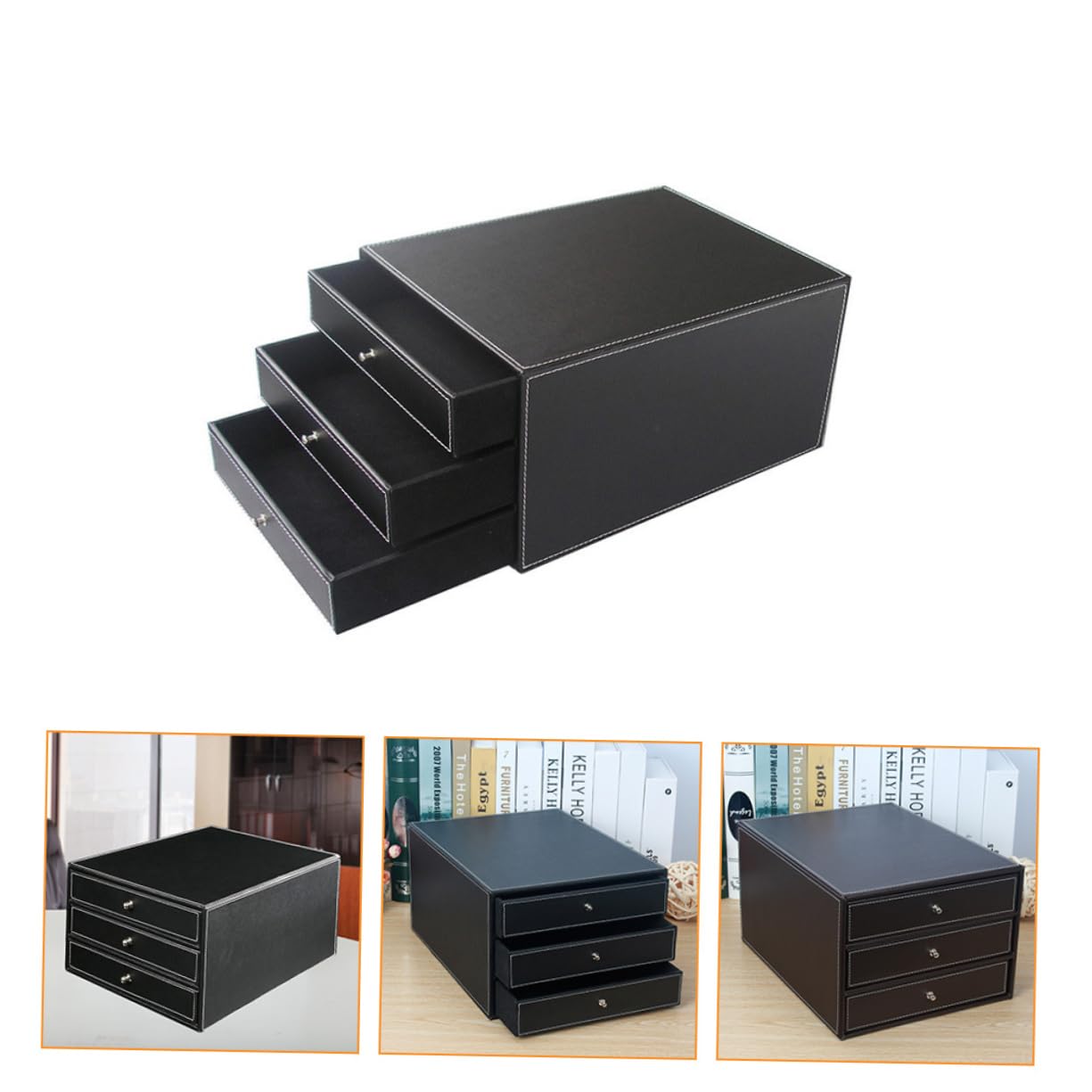 Caja de Archivos de Escritorio de Cuero Negro de Tres Capas | 1 Pieza, Madera y Pu, Fácil de Tomar, para Documentos y Objetos Pequeños, Dormitorio o Sala