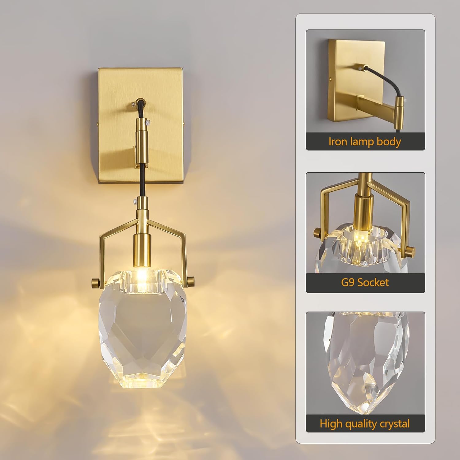 Modern Crystal Wall Sconces Gold Wall Lights Indoor Wall Lighting Indoor Bedside Wall Lamp Bathroom Vanity Lighting Fixture for Bedroom Living Room Corridor Stairs