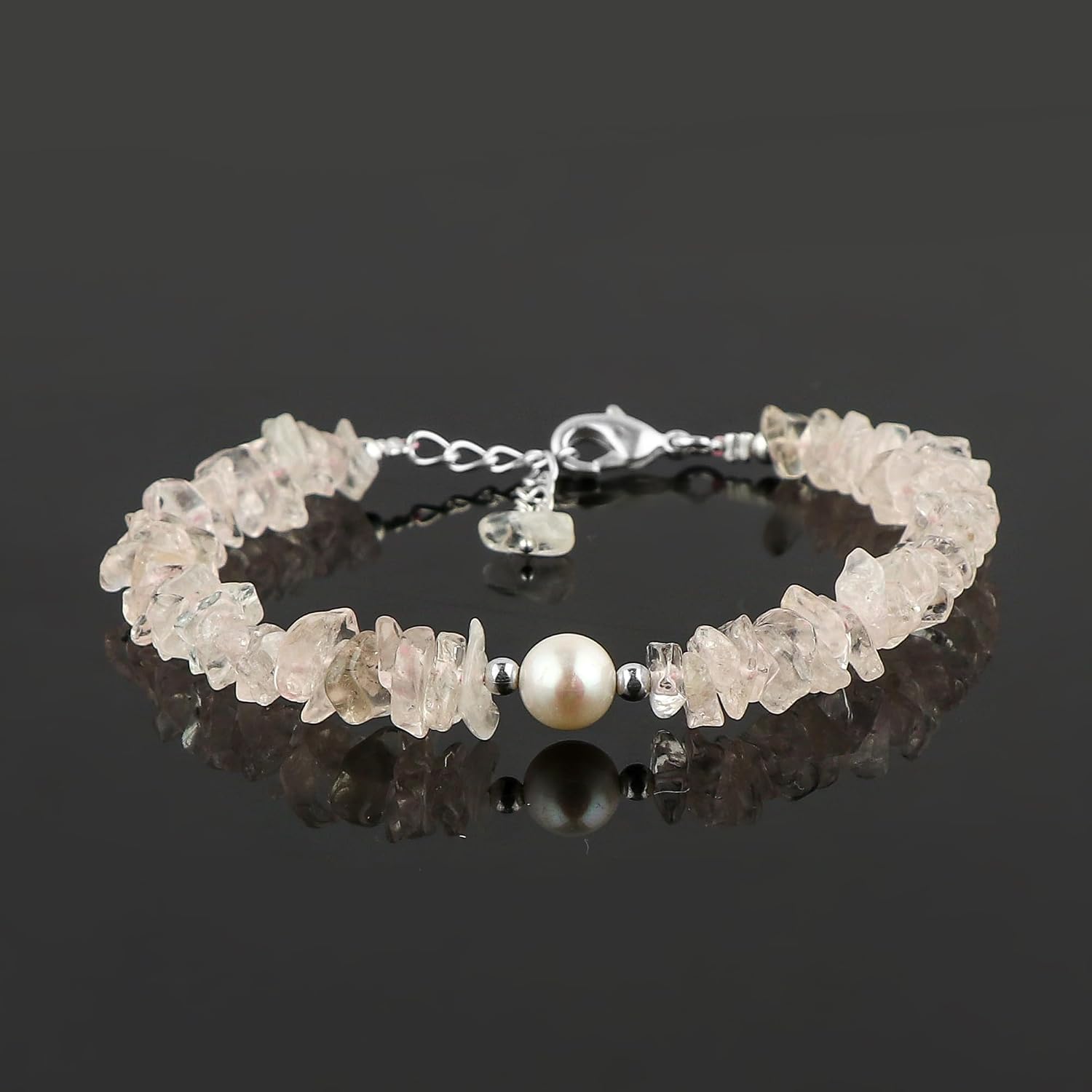 Natural Gemstone Bracelet with Cultured Pearl, Uncut Nuggets Beads, Handmade Women Jewelry, Healing Crystals, Silver Plated Chain, Gift for Her, 8inch - Image 2