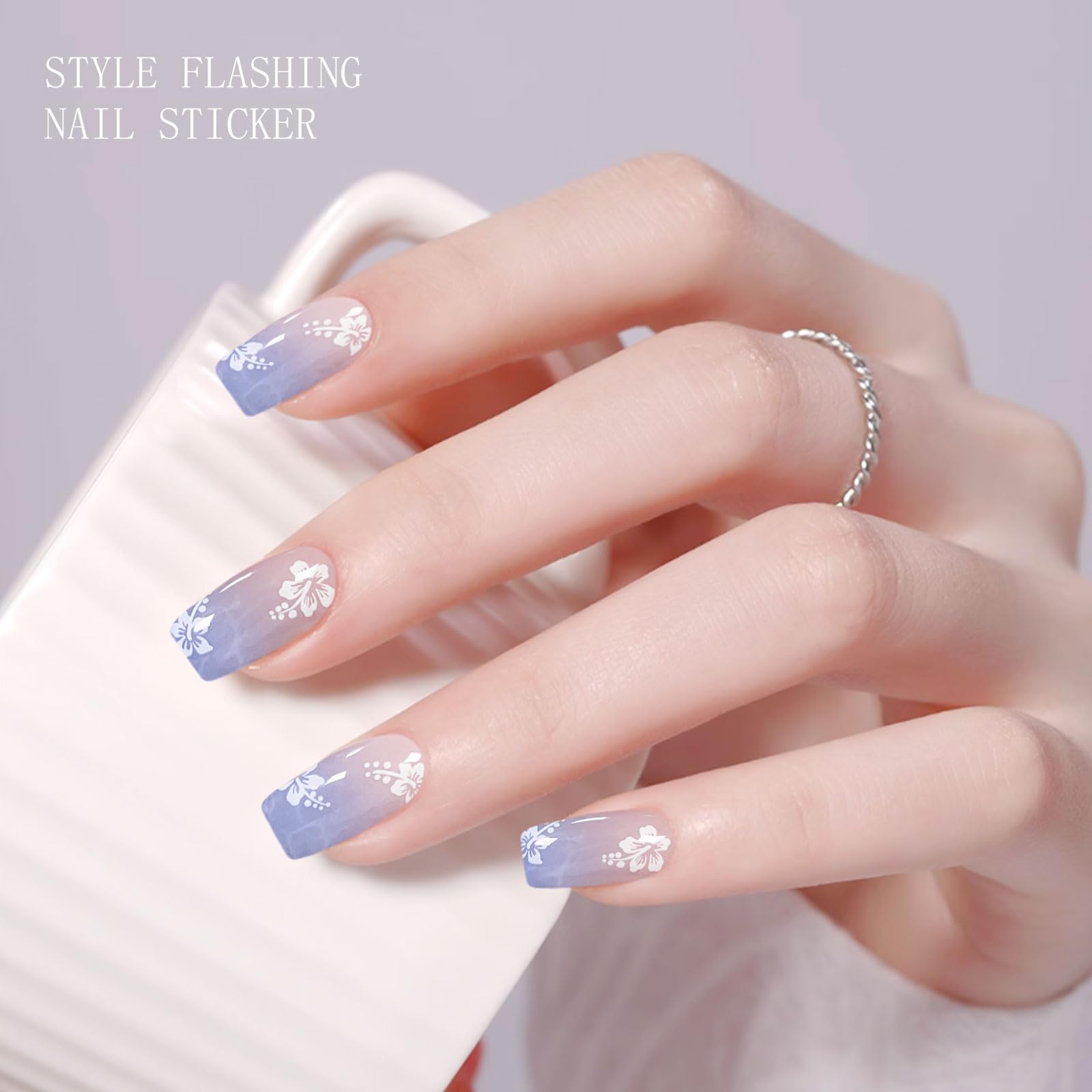 JMEOWIO Gel Nail Stickers Light Purple Pink Flower Semi Cured Gel Nail Strips Wraps UV/LED Nails Art Design Decoration Accessories - Image 4