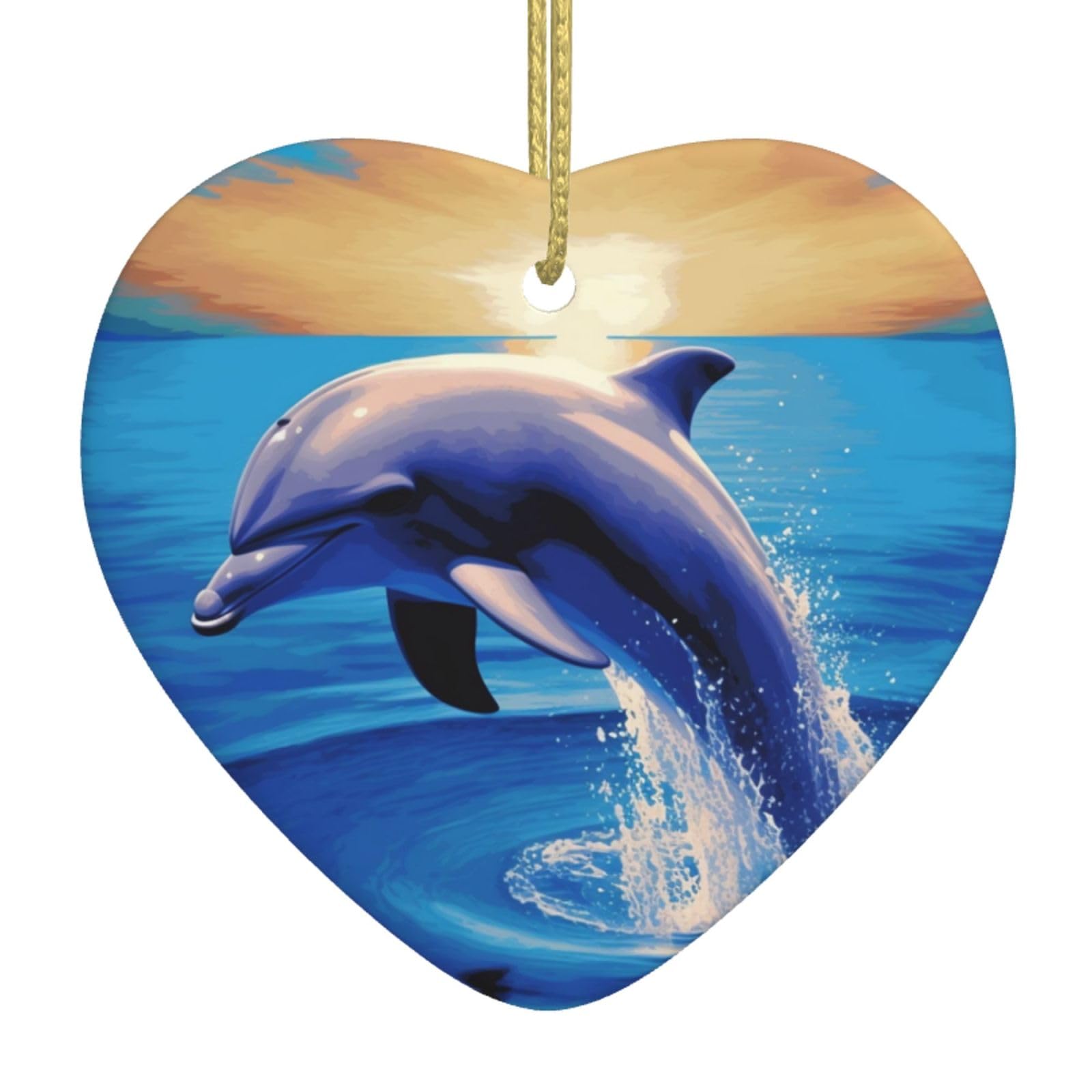 Elegant Dolphin Christmas Ornament 2025 Heart Ceramic Hanging Ornaments for Home Decor Christmas Decorations with Gold Rope Double-Sided Xmas Tree Ceramic Hanging for Holiday Party