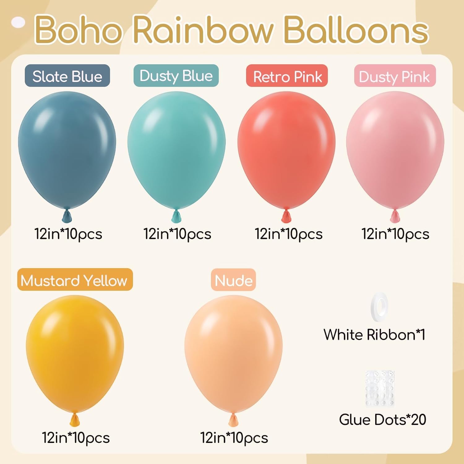 60pcs Boho Rainbow Balloons Assorted Colors 12inch with Slate Dusty Blue Mustard Yellow Pink Nude Colorful Balloons for Baby Shower Flower Groovy One Two Birthday Party Decorations - Image 2