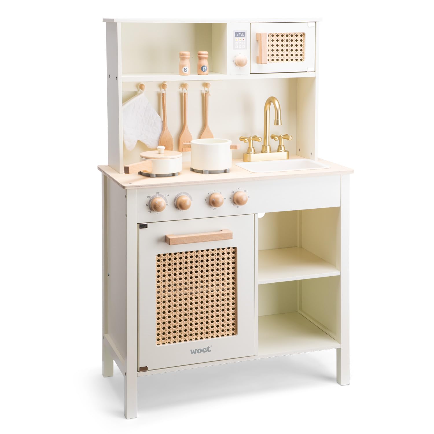 Woet Holzspielzeug Spielküche für Kinder Off-White mit Küchenzubehör Rattan-Details ab 3 Jahren