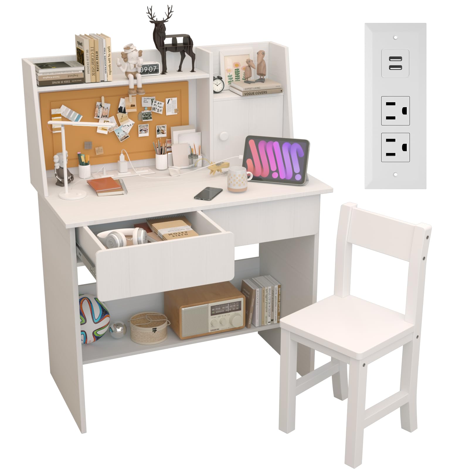 Childrens Computer Desk with Drawers and Storage Shelf, White Kids Desk and Chair Set for 5-12 Year Old, Kids Study Table with Charging Station-TY30