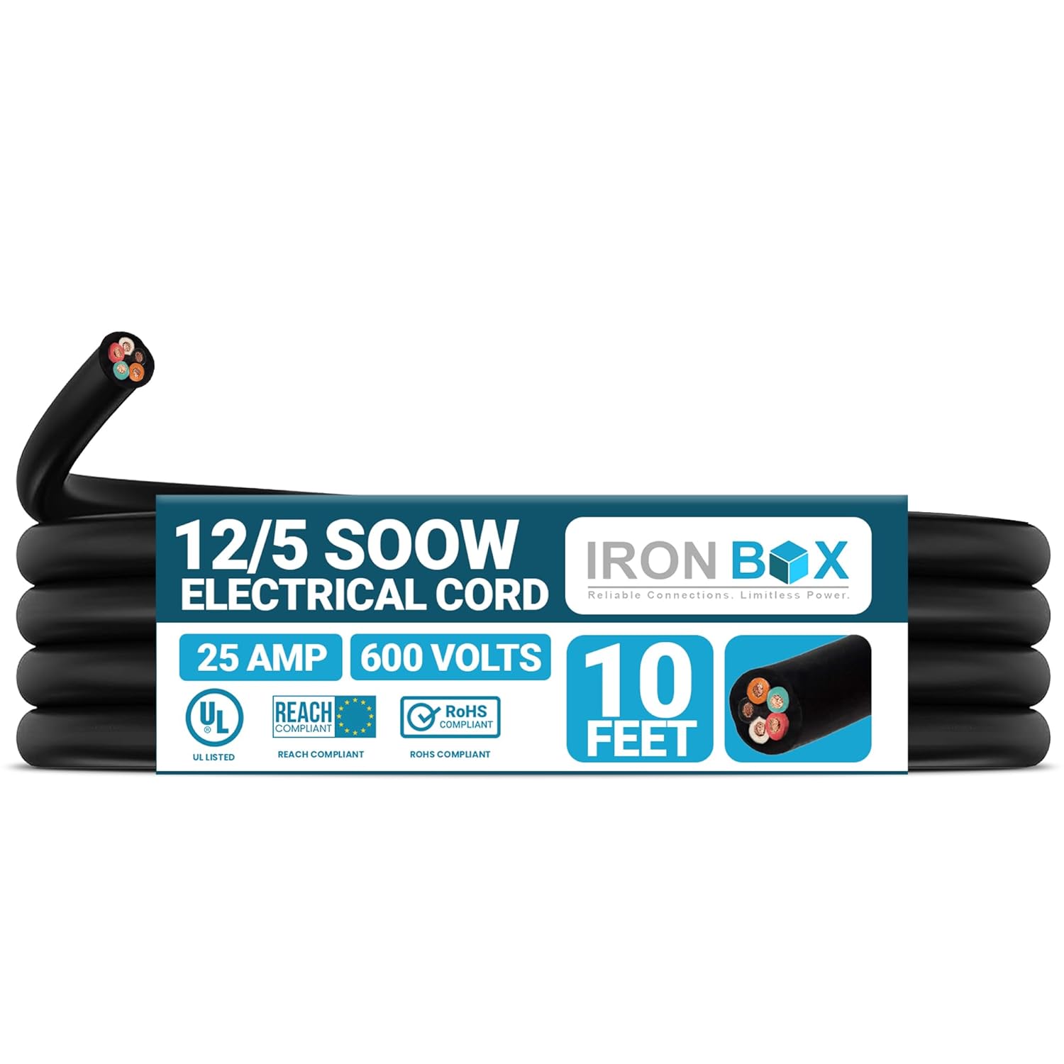 IronBox Electric - 12/5 Bulk Cable - SOOW Jacket - 12 Gauge,5 Wire - Rated for 600V,25A - Water & Oil Resistant Cable for Indoor/Outdoor Use - Ideal for Generators, Circuits & Data Centers (25 feet)