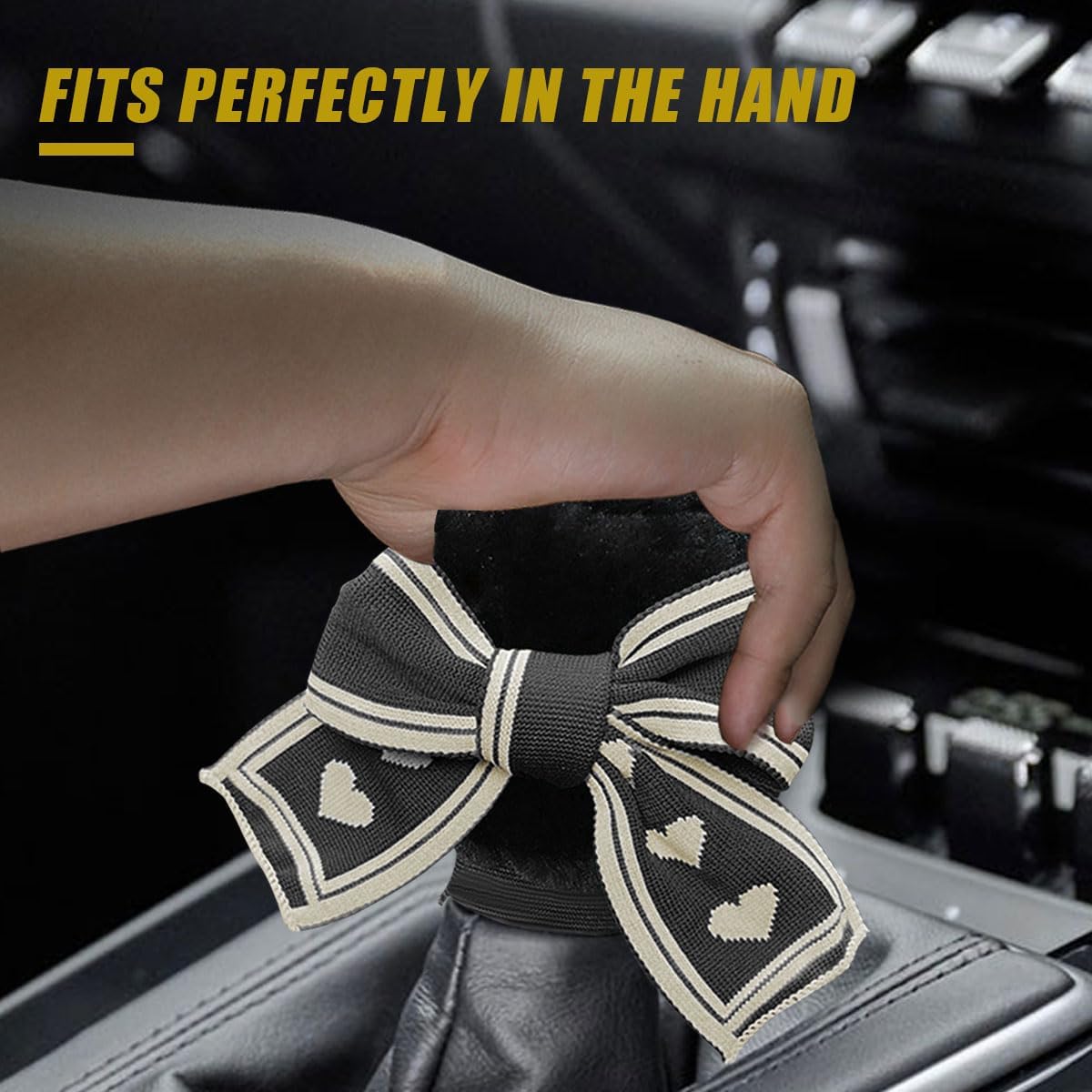 Car Gear Shift Knob Cover, Cute Bow Tie Shifter Stick Protective Cover, Universal Stick Shifting Handle Cover, Winter Auto Interior Decoration Accessories for Automatic/Manual Vehicle (Black heart) image 5