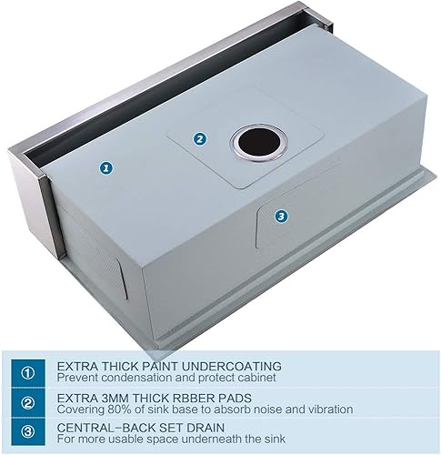 Miniatura 4 de Fregadero de granja de 33 pulgadas, estación de trabajo de 33 x 22 pulgadas, fregadero de granja de acero inoxidable calibre 16, estación de trabajo