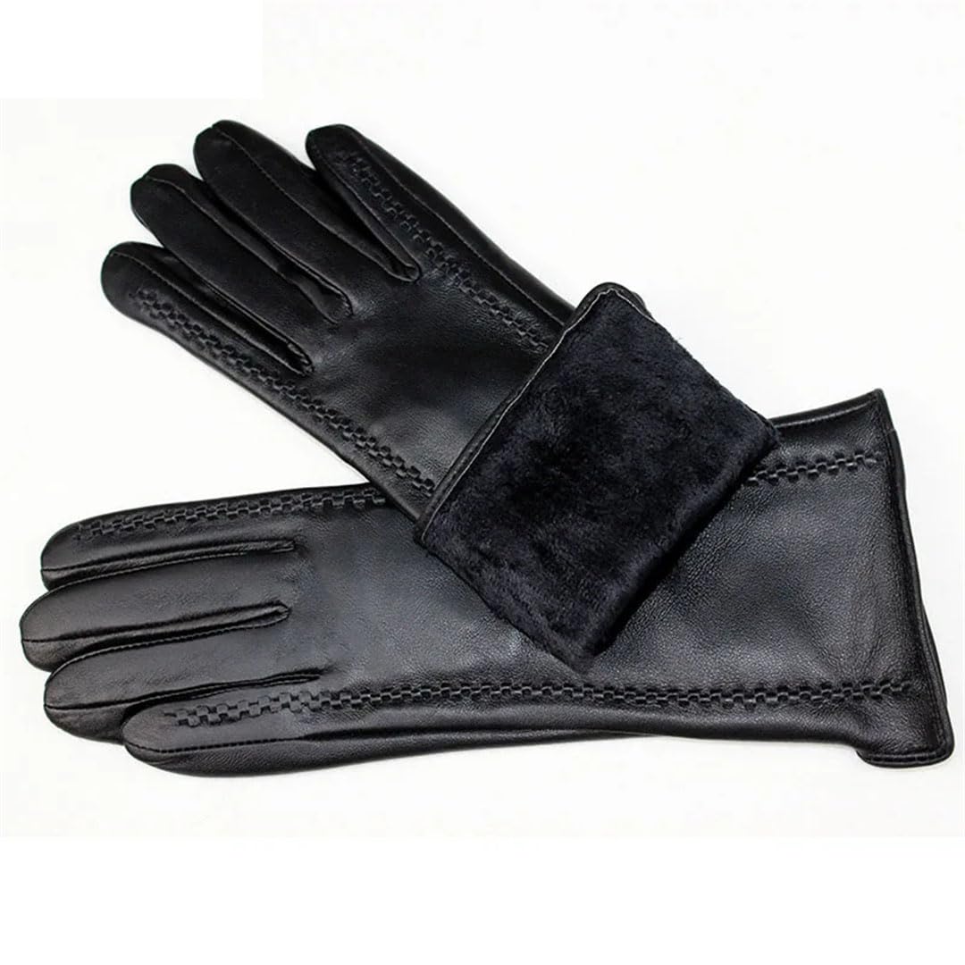 Guantes de piel de oveja para mujer, de longitud media, a rayas, de forro polar, color negro, talla 8, Negro, 36