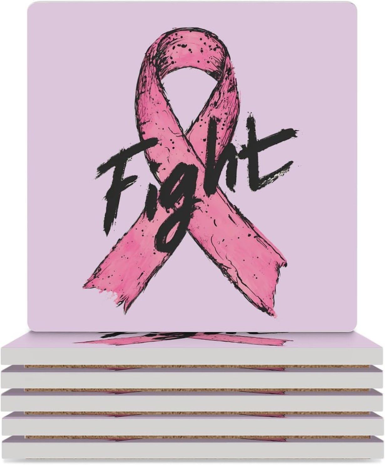 Breast Cancer Fight Cancer Awareness Ribbon Coaster for Drinks Square Ceramic Table Coasters Stone Mat Crafts 6PCS Home Kitchen Decor